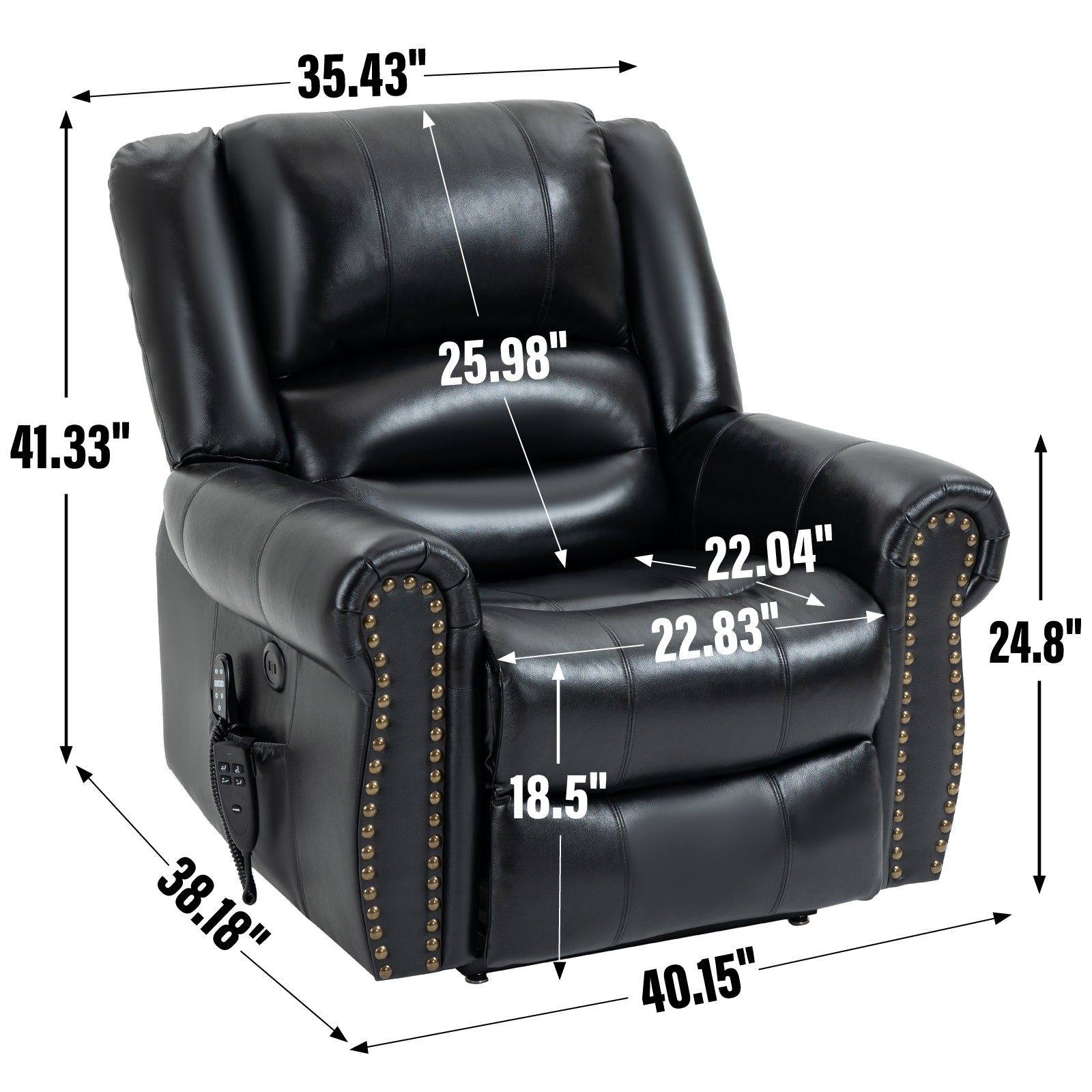 Power Lift Recliner Chair Heat Massage Dual Motor Infinite Position Up to 350 LBS, Genuine Leather, Heavy Duty Motion Mechanism with USB Ports, Black