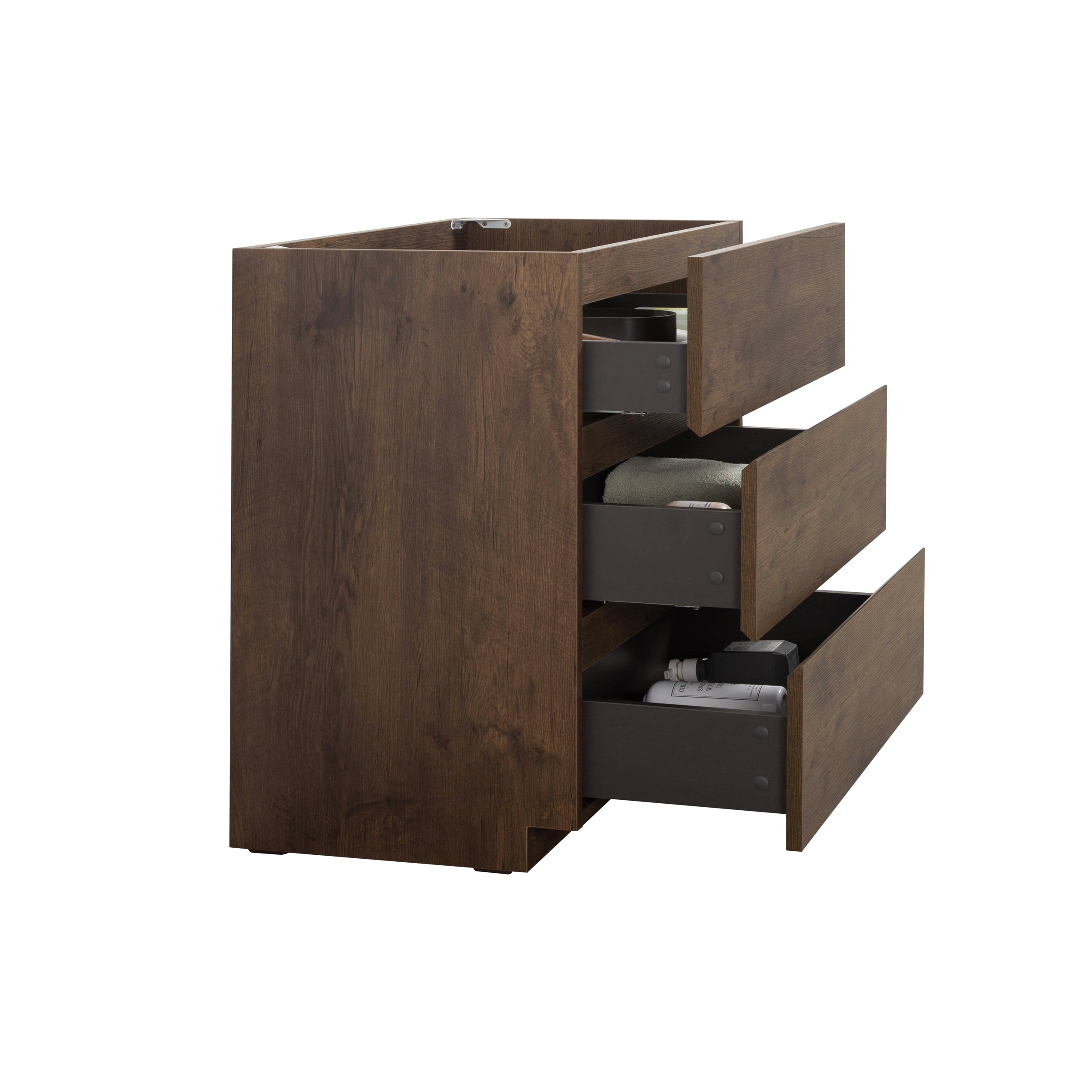 Alice-30F-105,Floor cabinet WITHOUT basin, Walnut color, With three drawers, Pre-assembled