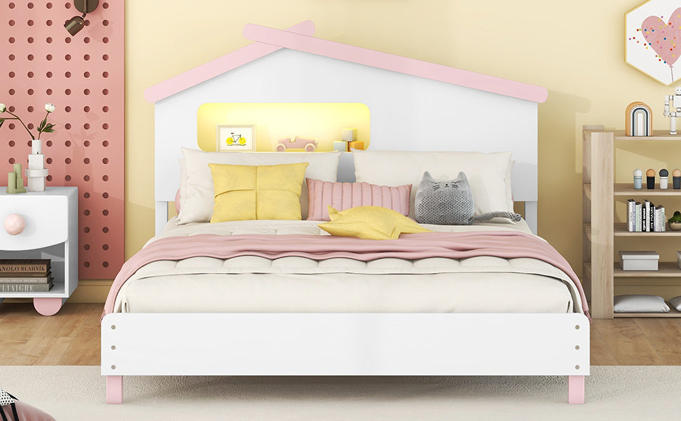 Full Size Wood Platform Bed with House-shaped Headboard and Motion Activated Night Lights (White+Pink)