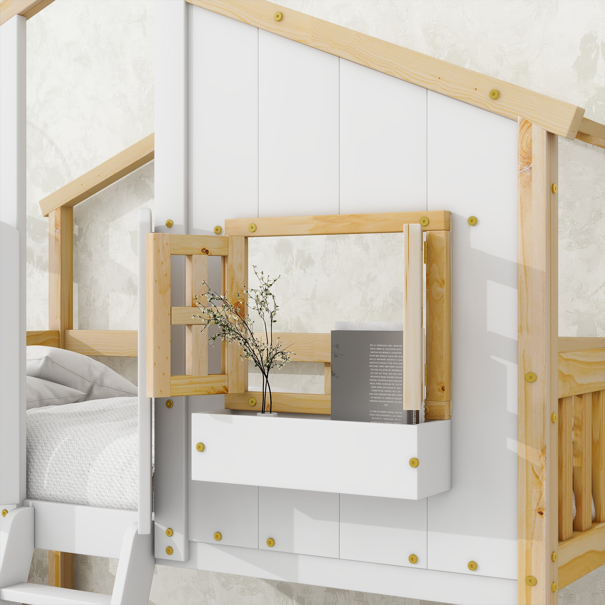 Twin over Twin House Bunk Bed with Roof , Window, Window  Box, Door , with Safety Guardrails and Ladder, Natural/White