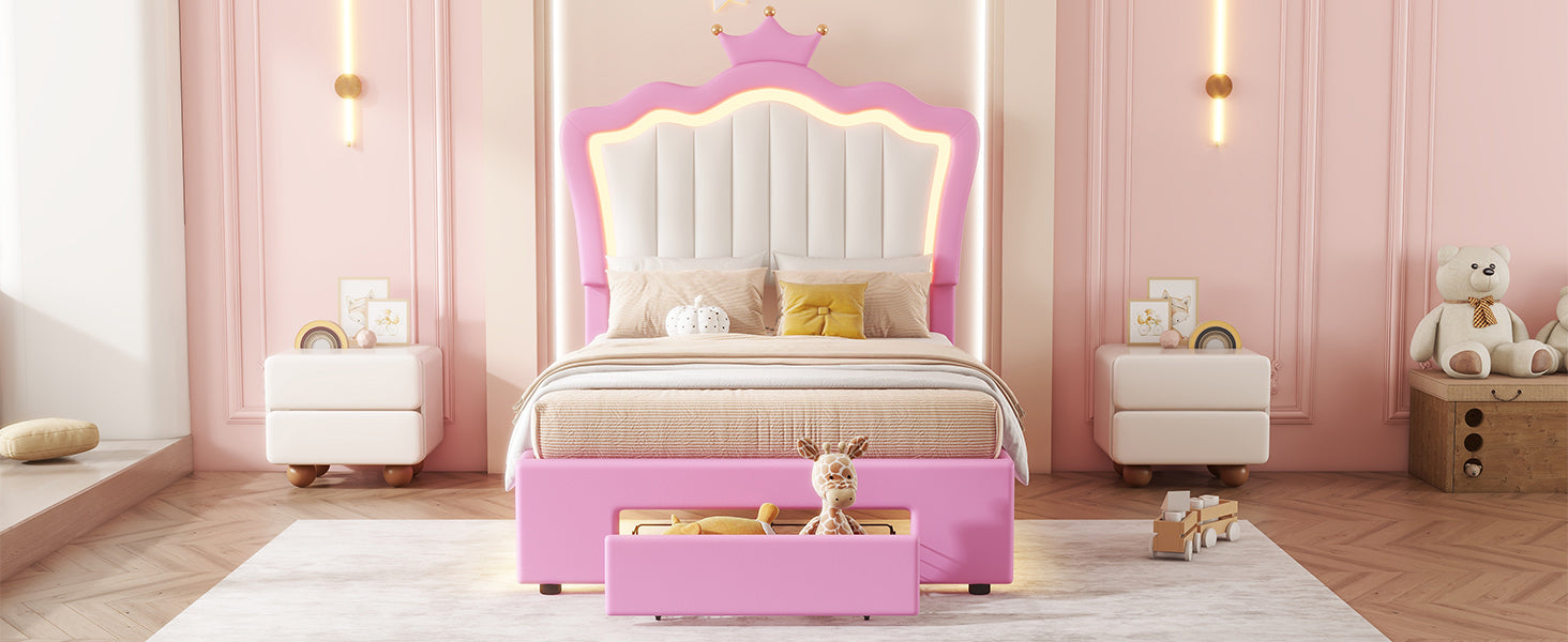 Twin Size Upholstered Bed Frame with LED Lights, Modern Upholstered Princess Bed with Crown Headboard, a Drawer, Pink+White