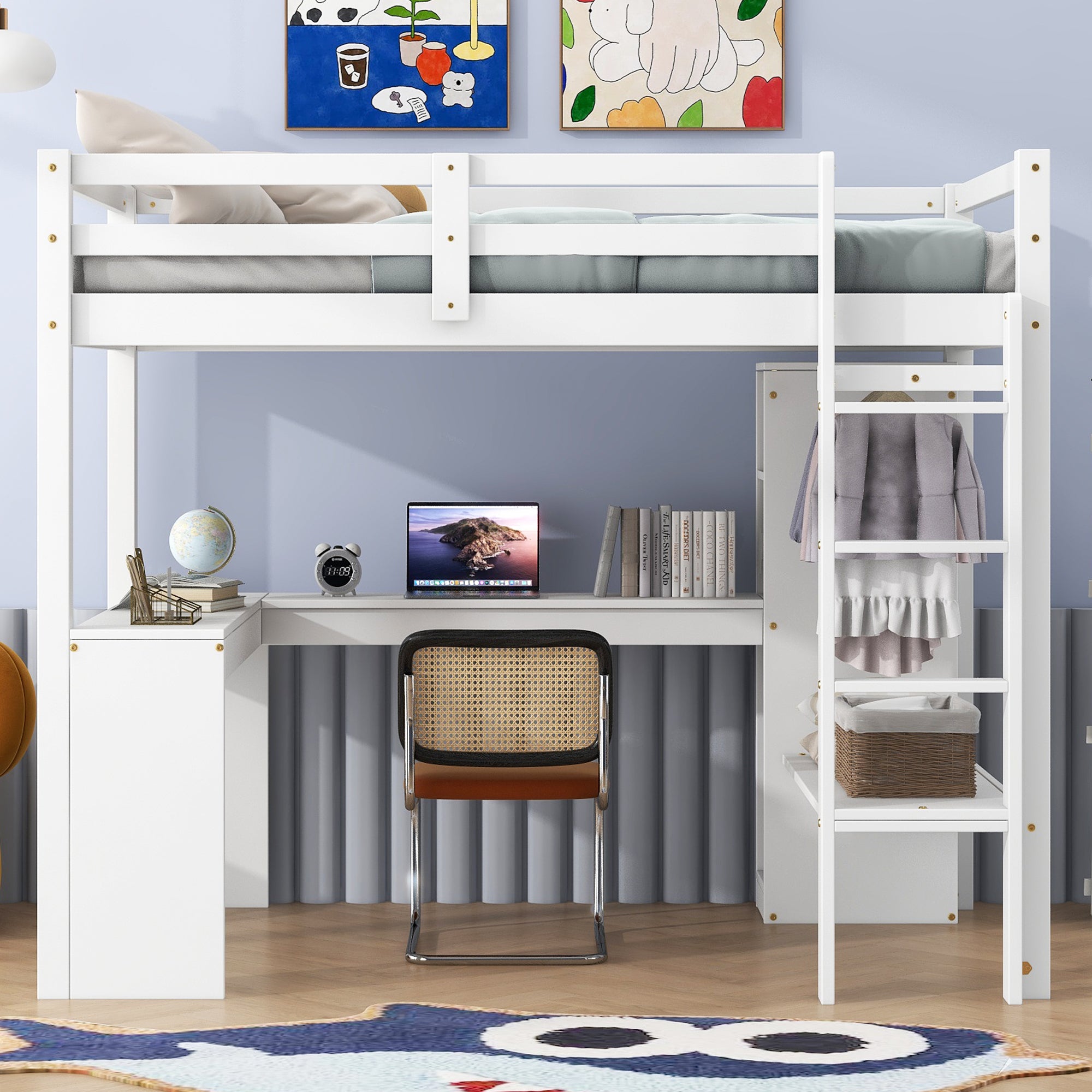 Twin Size Loft Bed with L-shaped Desk, Wardrobe and Storage Shelves, White