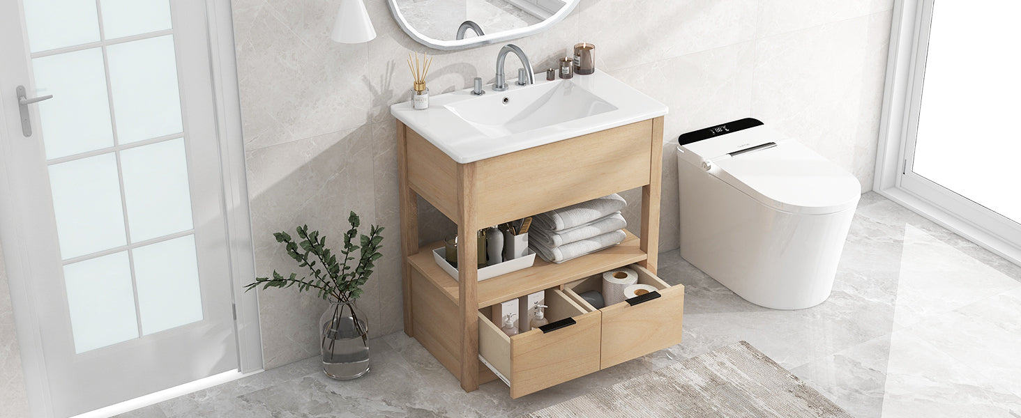 30" Bathroom Vanity with Sink Top, Bathroom Cabinet with Open Storage Shelf and Two Drawers, One Package, Natural (Old Sku:WF311619AAD)