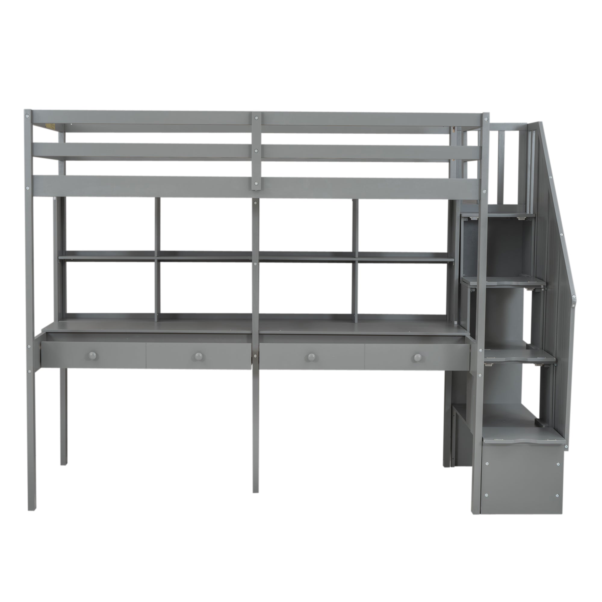 Twin Size Loft Bed Frame with Storage Staircase and Double Desks and Shelves,Gray