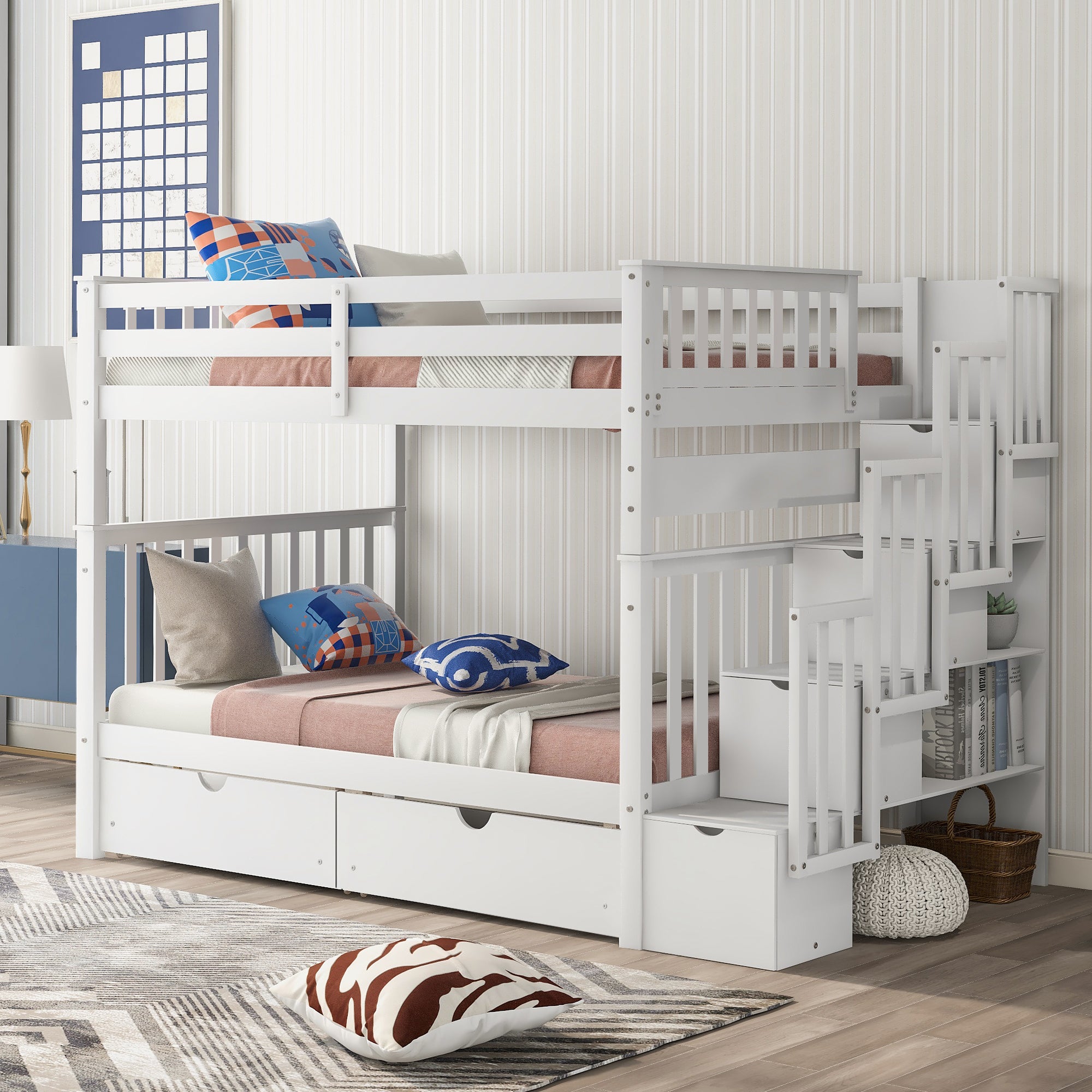 Full Over Full Bunk Bed with Shelves and 6 Storage Drawers, White(Old SKU:LP000046AAK)