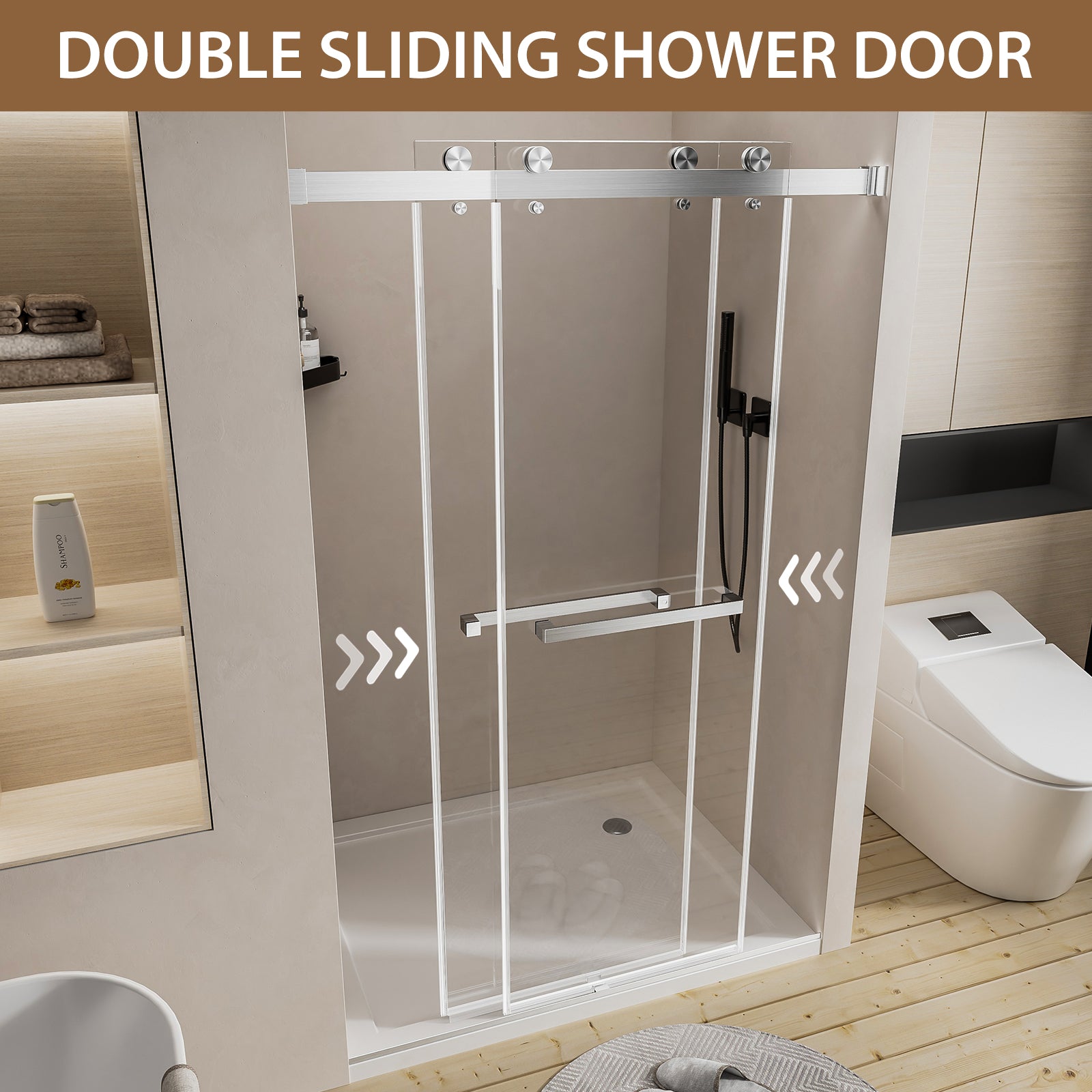 Frameless sliding shower door brushed nickel roller hardware detail