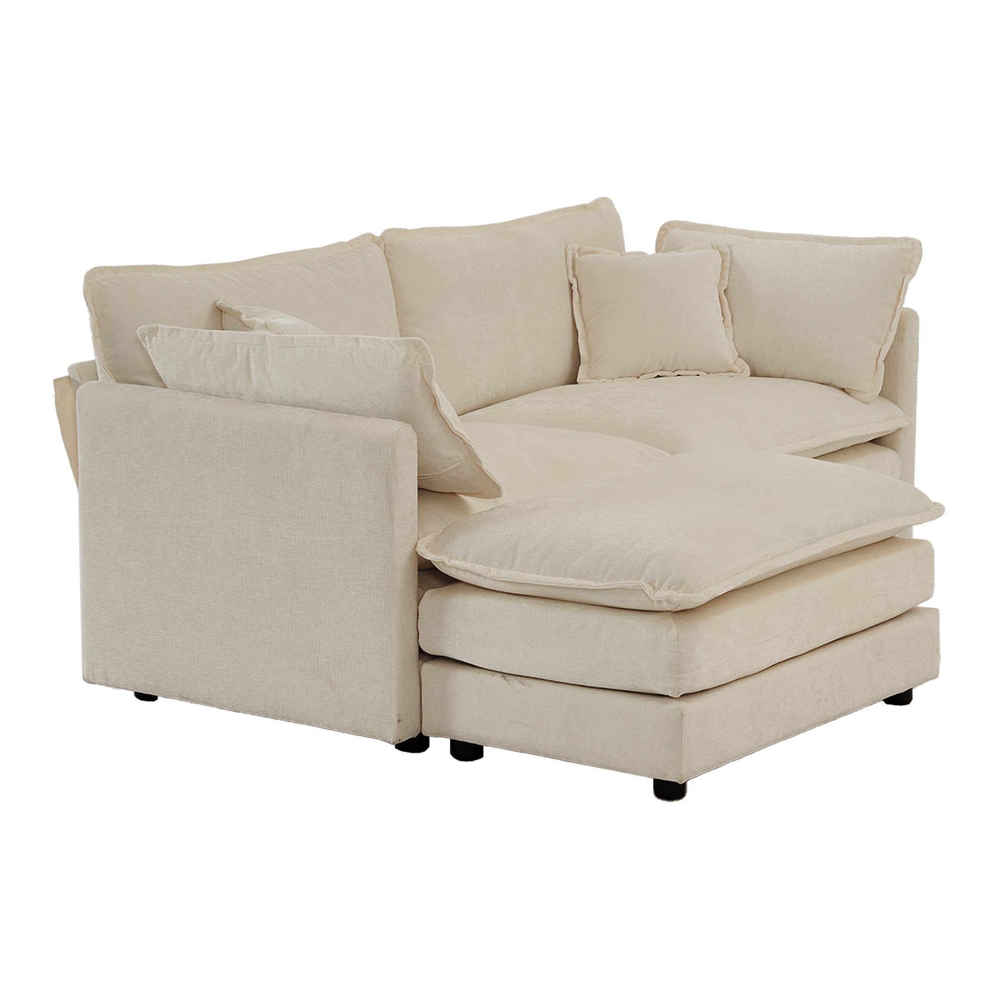 Chenille Two-Seater Sofa with 1 Footrest, 2 Seater L-Shaped Sectional with Ottoman,Loveseat with Ottoman for Small Living Space, Beige Chenille