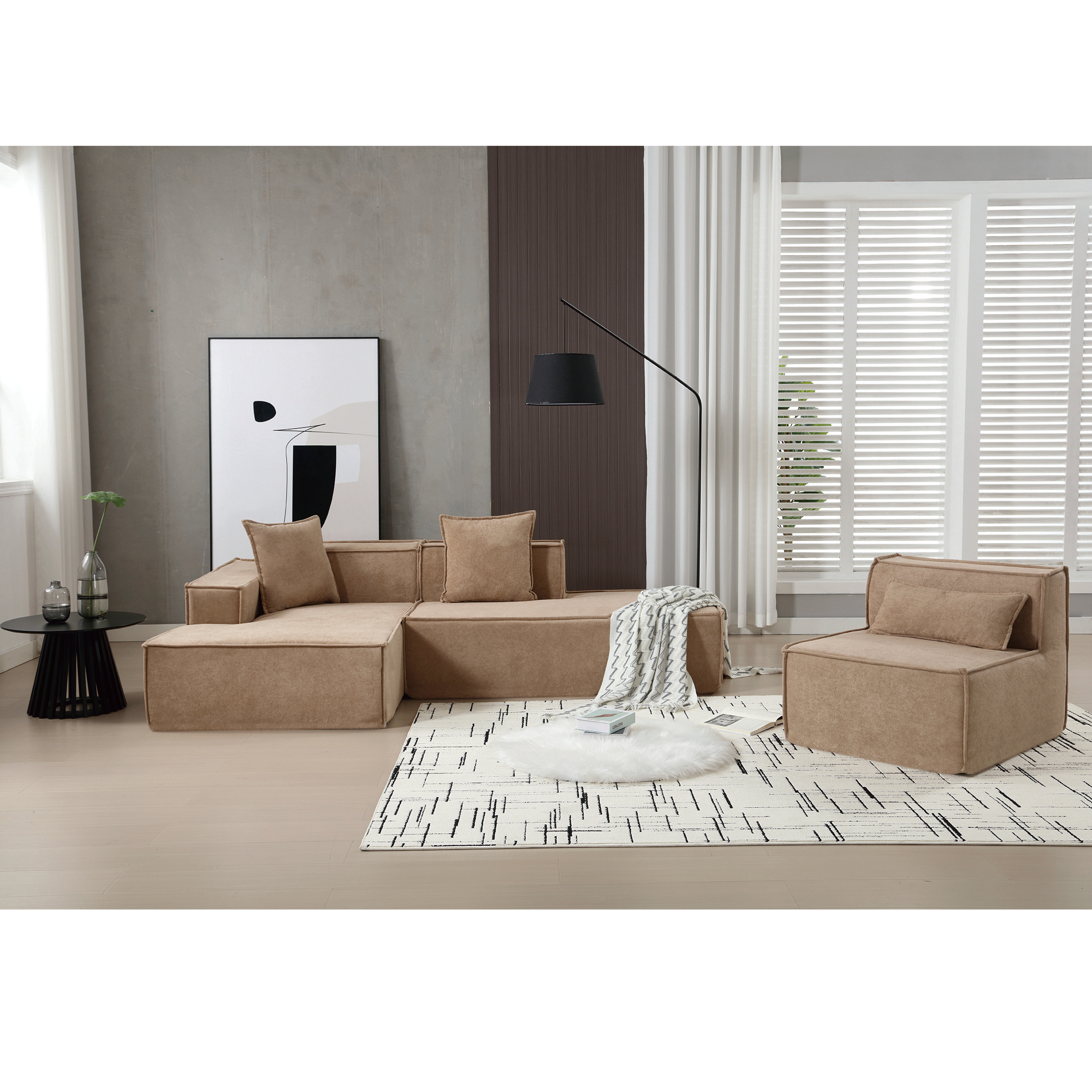 [VIDEO PROVIDED] Modular combination living room sofa set, modern minimalist sofa, free installation sofa, L-shaped, Italian minimalist tofu block sofa, Left-Hand Facing,Terrycloth fabric, Light Brown