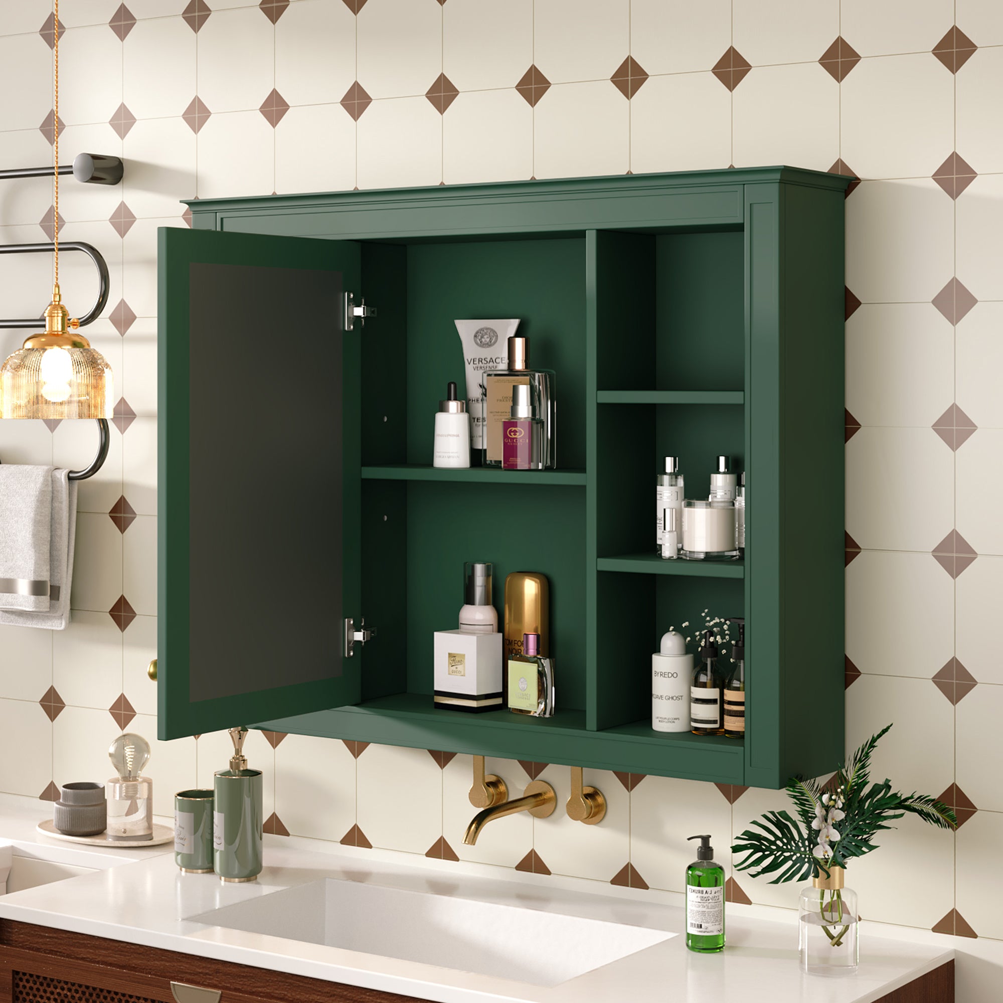 35'' x 27.5'' Medicine Cabinet, Wall Mounted Bathroom Storage Cabinet, Modern Bathroom Wall Cabinet with Mirror, Mirror Cabinet with 6 Open Shelves (Not Include Bathroom Vanity )