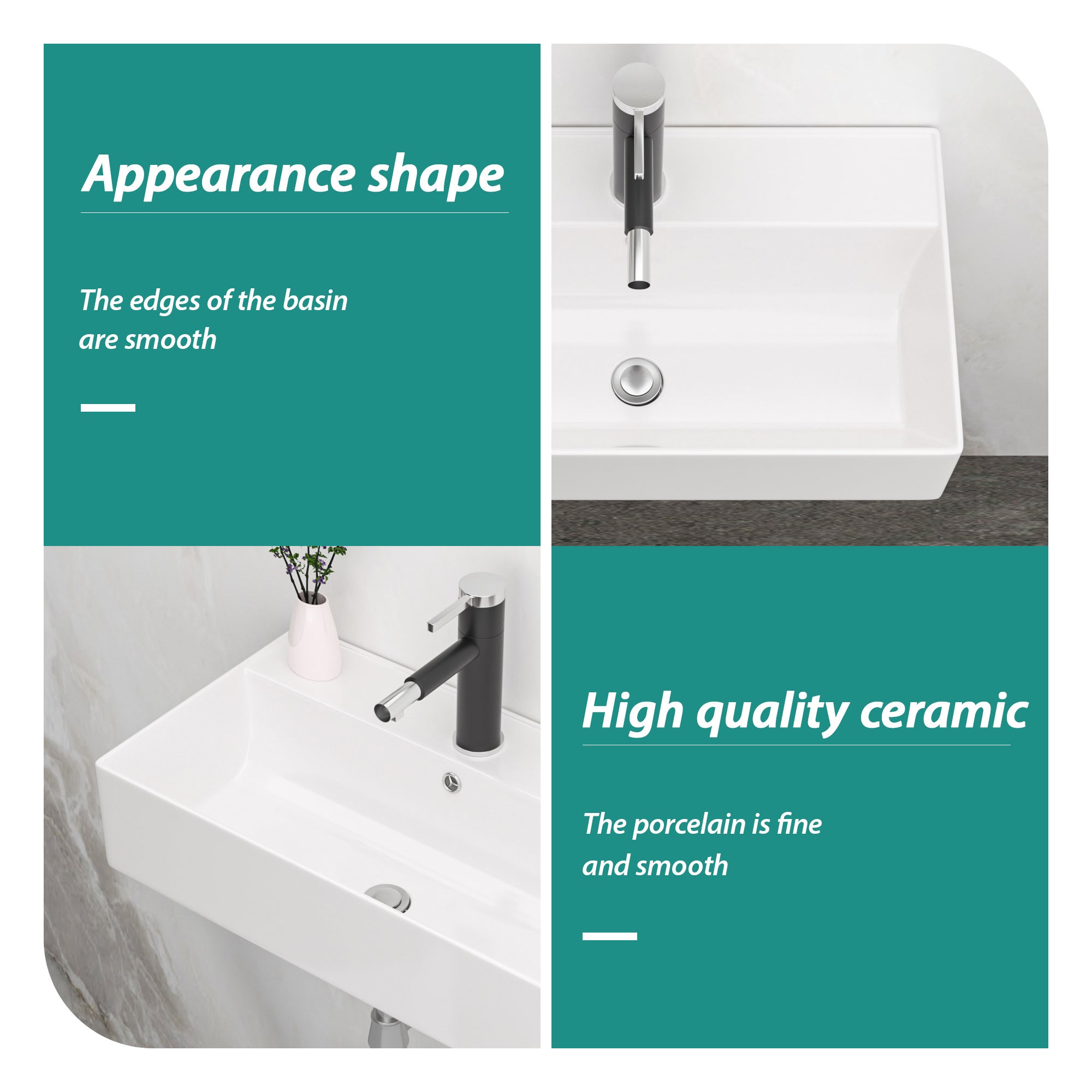 21x12 Inch White Ceramic Rectangle Wall Mount Bathroom Sink with Single Faucet Hole and Overflow