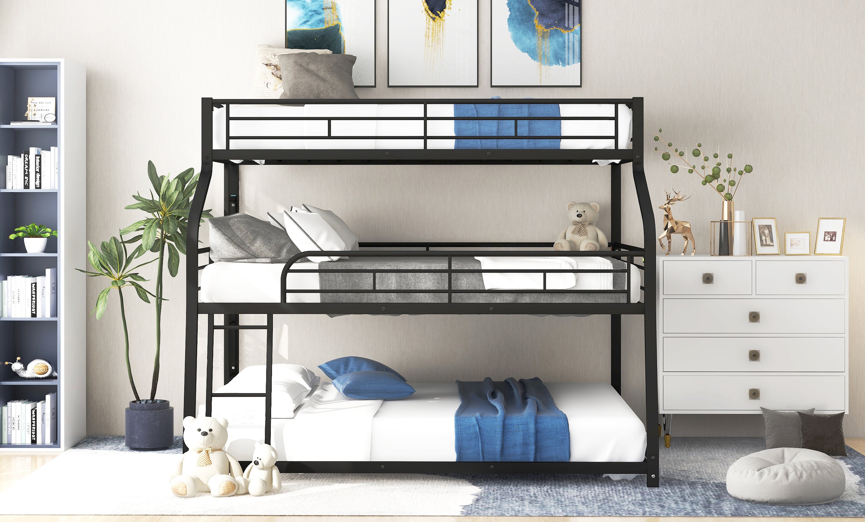 Twin XL/Full XL/Queen Triple Bunk Bed with Long and Short Ladder and Full-Length Guardrails,Black