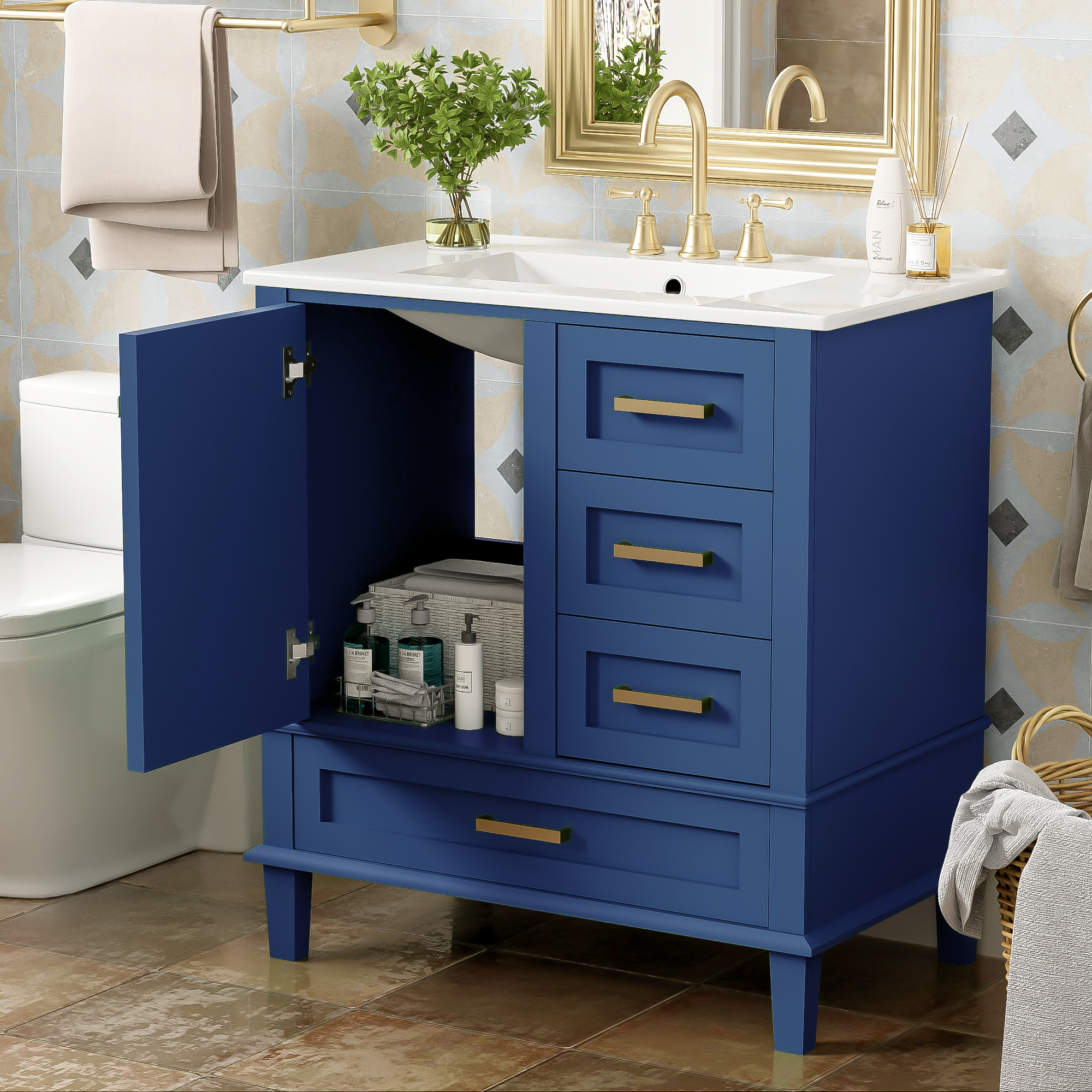 30" Bathroom Vanity , Modern Bathroom Cabinet with Sink Combo Set, Bathroom Storage Cabinet with a Soft Closing Door and 3 Drawers, Solid Wood Frame(Blue)