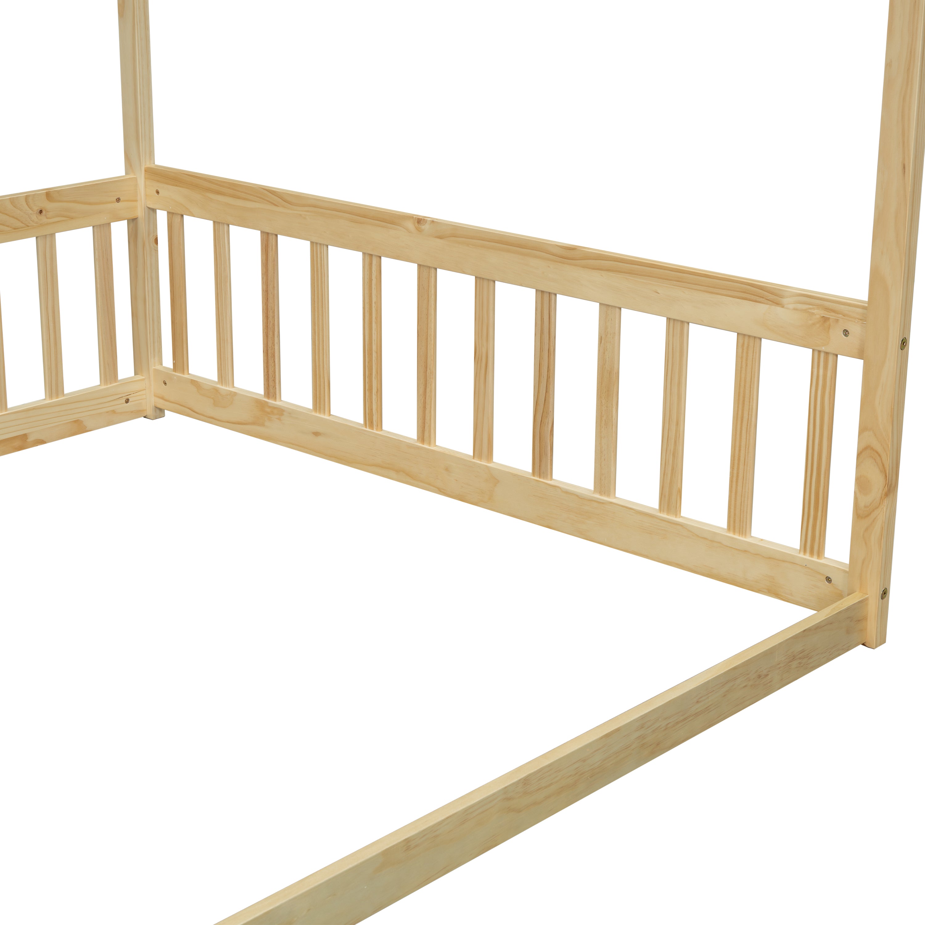 Full Size Canopy Frame Floor Bed with Fence, Guardrails,Natural