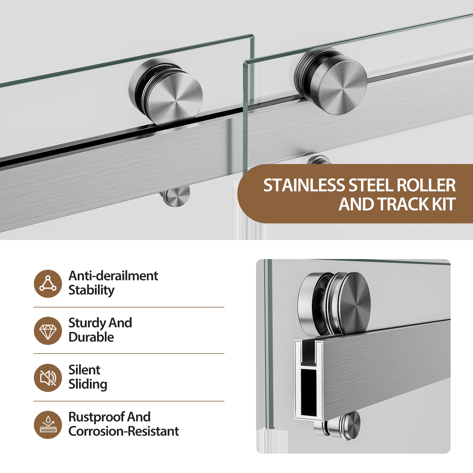 Frameless double sliding shower door brushed nickel installed alcove view