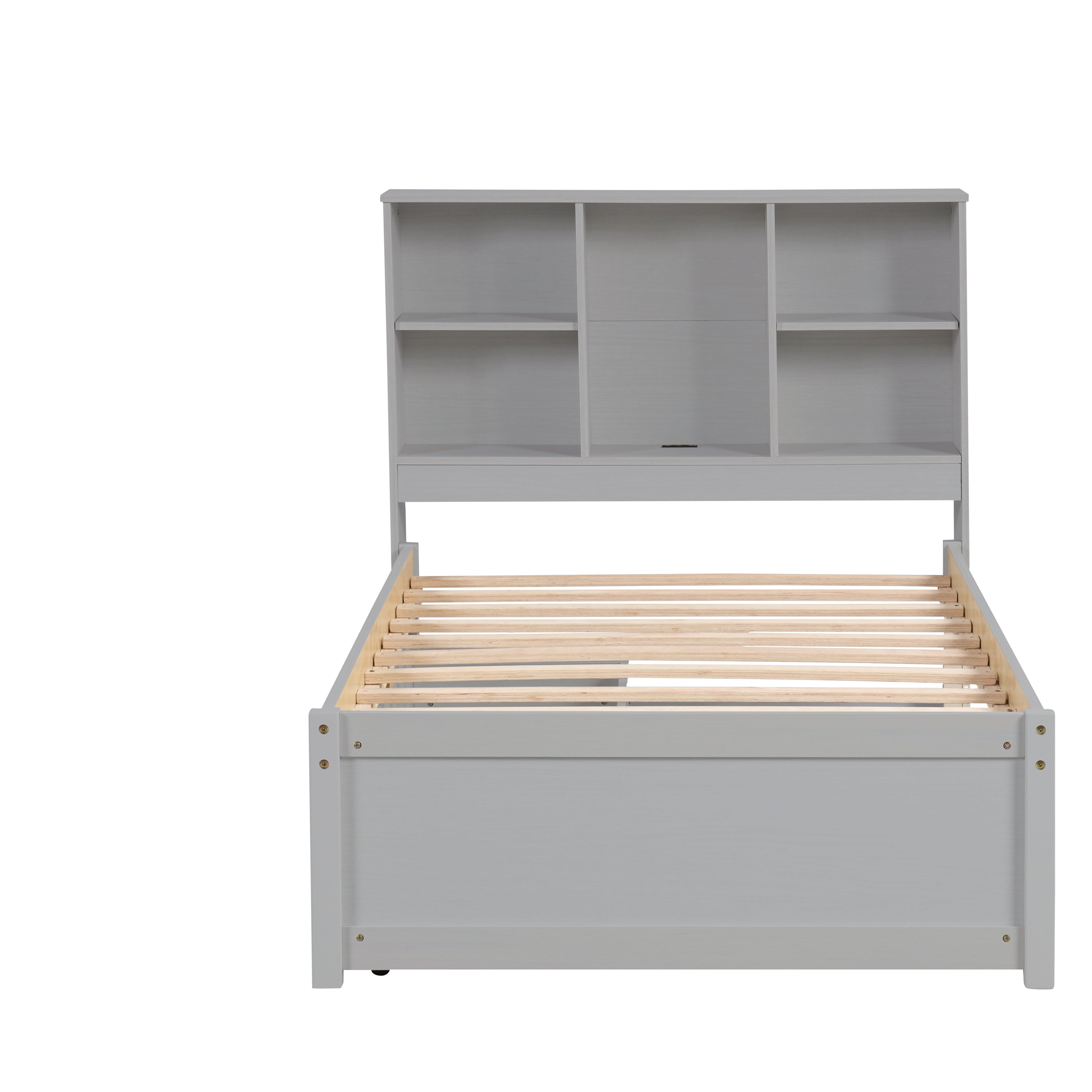 Modern Twin Size Bed Frame With Built-in USB Port on Bookcase Headboard and 2 Drawers for Grey Color