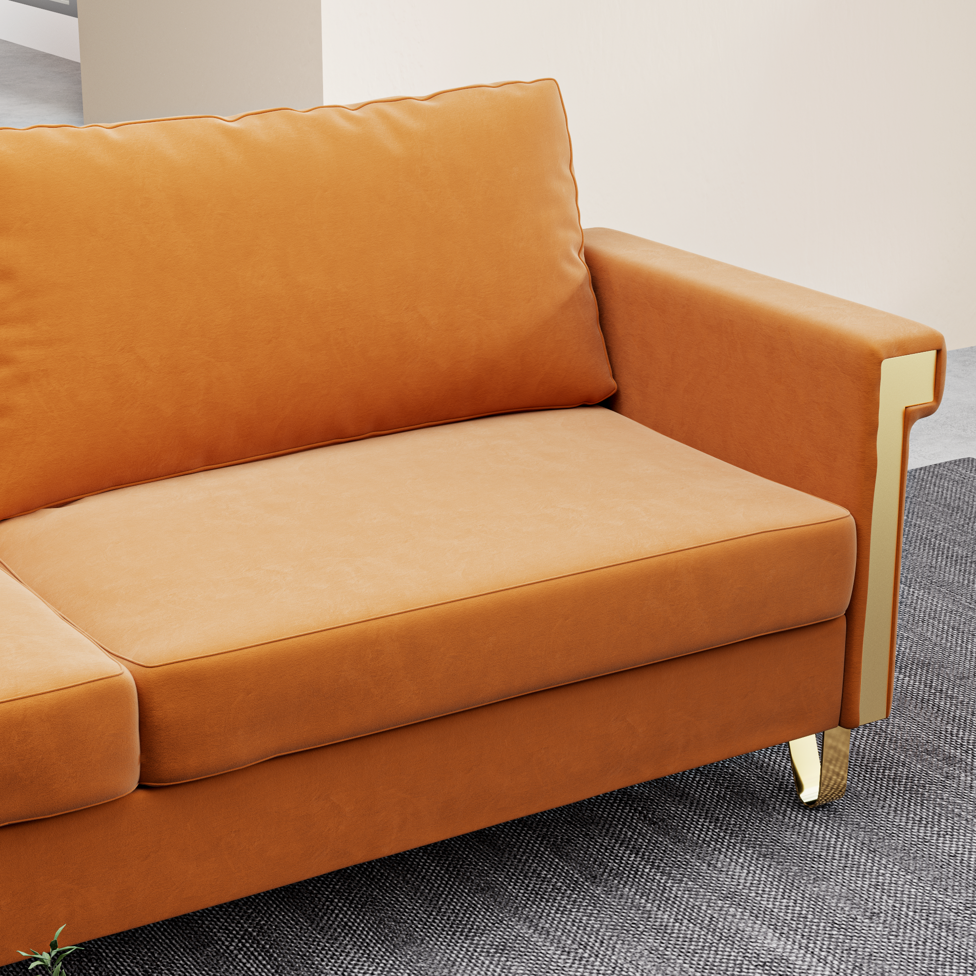 76.34in Wide Modern Orange Velvet Sofa Stylish Living Room Furniture with Gold Metal Legs and Deep Cushions for Maximum Comfort