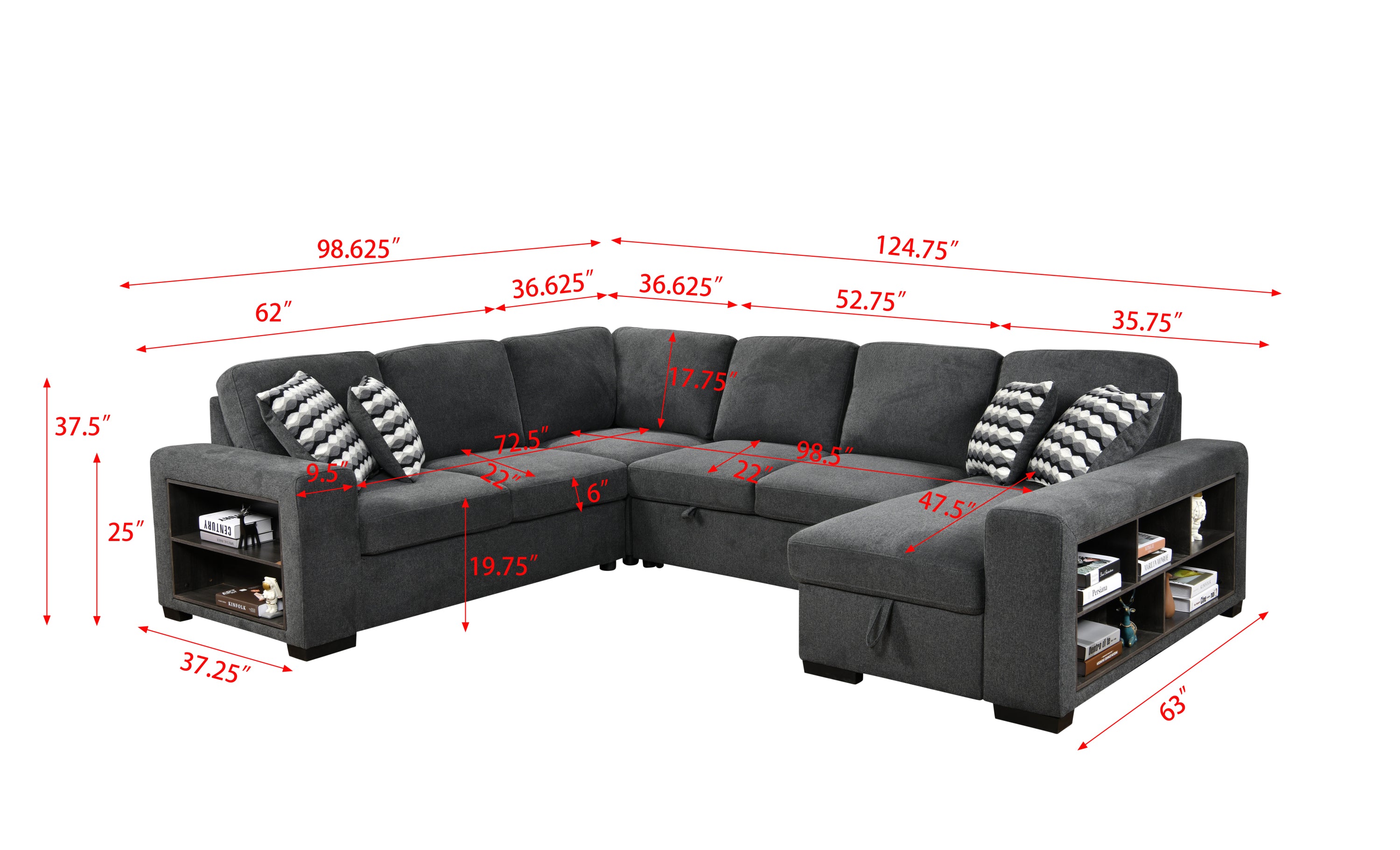 125'' Modern U Shaped 7 Seat Sectional Sofa Couch with Cabinet,Sofa Bed with Storage Chaise-Pull Out Couch Bed for Living Room,Dark Gray