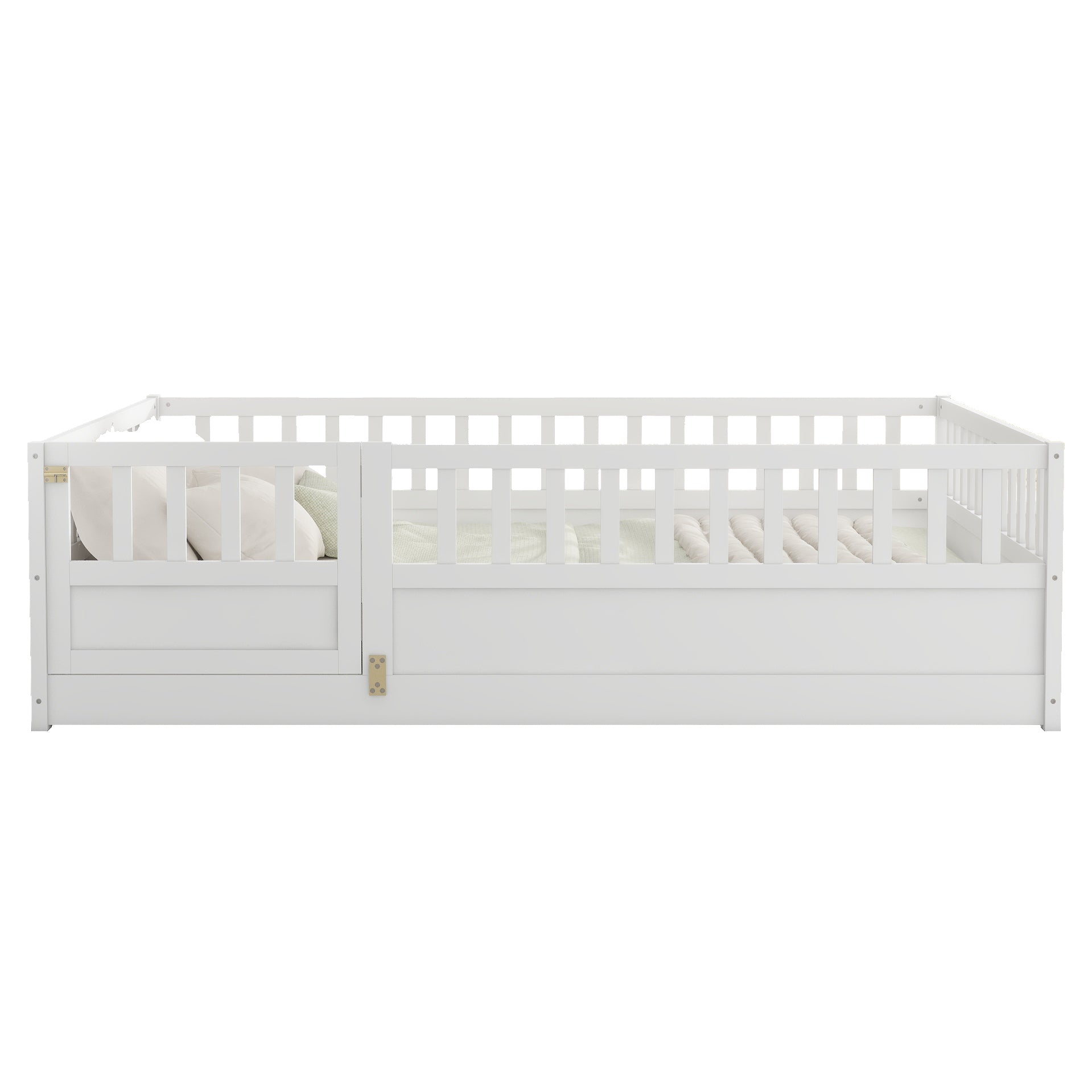 Full size  Floor bed, integral construction with super high security barrier, door, children's floor bed frame, Montessori wooden children's floor bed, white