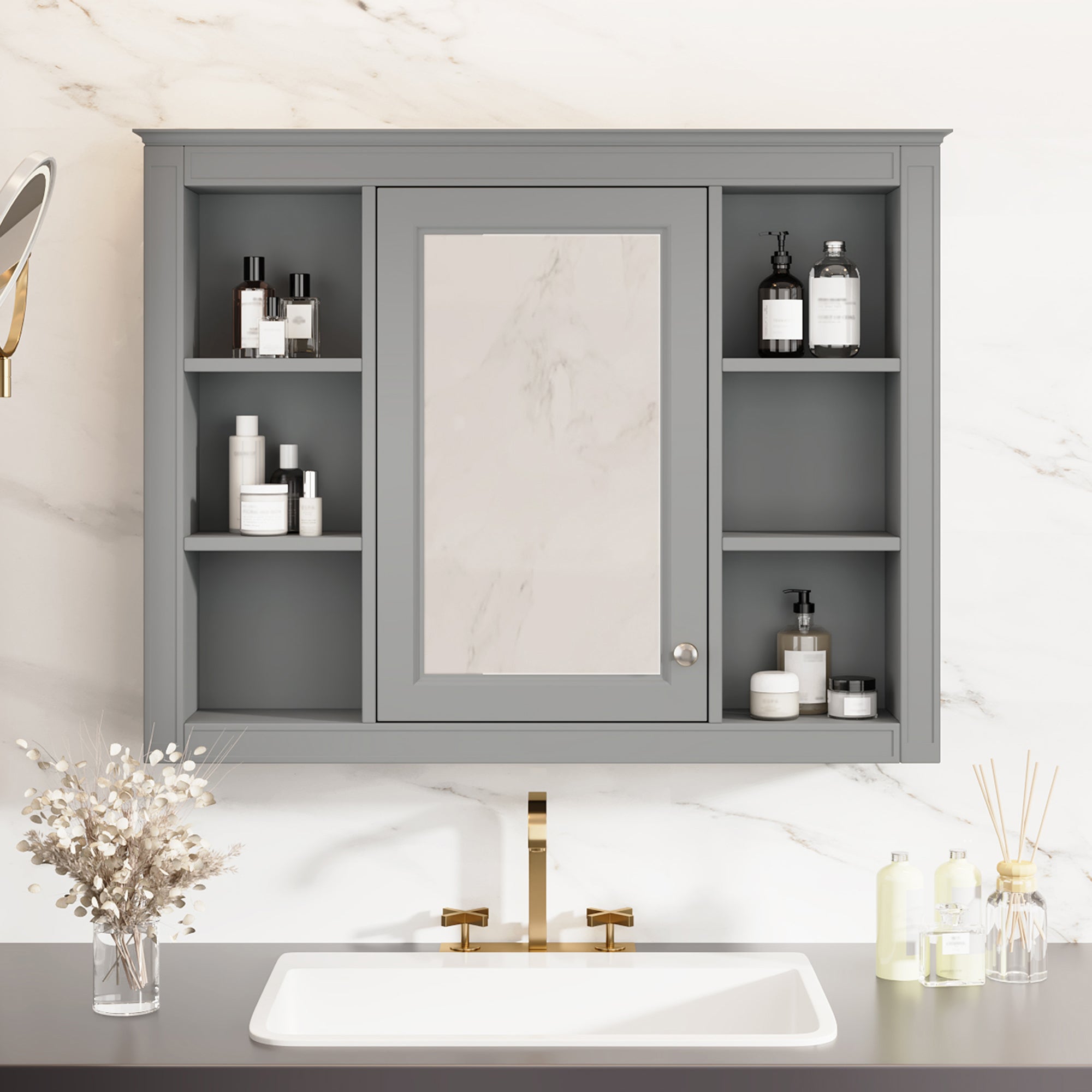 Modern bathroom medicine cabinet with 6 open shelves, storage detail view