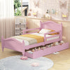 Twin Size Wood Platform Bed with Guardrails on Both Sides and Two Storage Drawers ,Pink