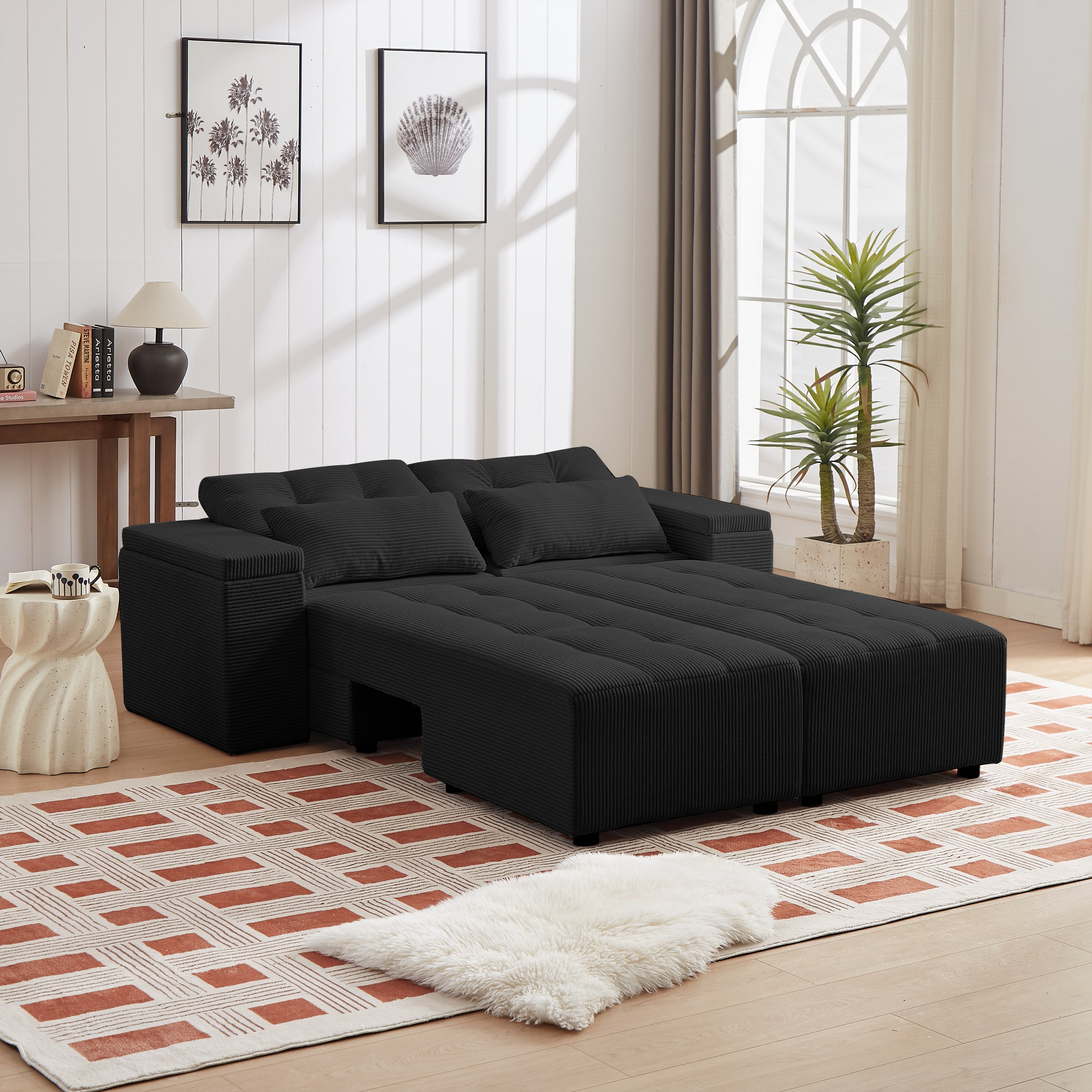 Convertible 3 in 1 Sleeper Sofa and Sectional Sofa with 4 Storage Space for Living Room,Corduroy Couch With 4 pillows,Corduroy