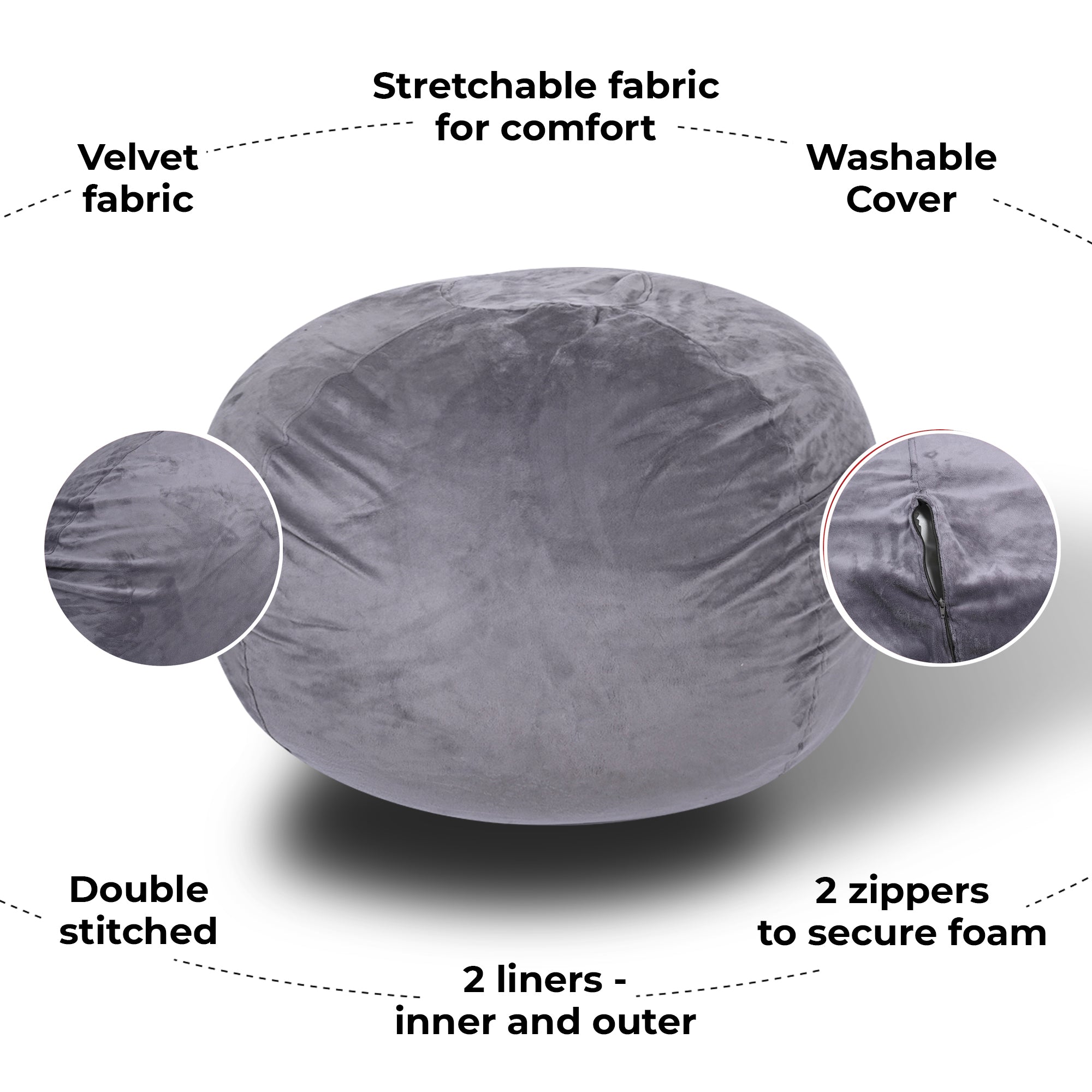 Minky Velvet Bean Bag Chair, Grey-4ft Plush Floor Chair for Kids and Adults w/ Washable Cover, Lounge Chair with Stretchable Fabric, Comfy Bedroom Chair, Filled with Shredded and Memory Foam.