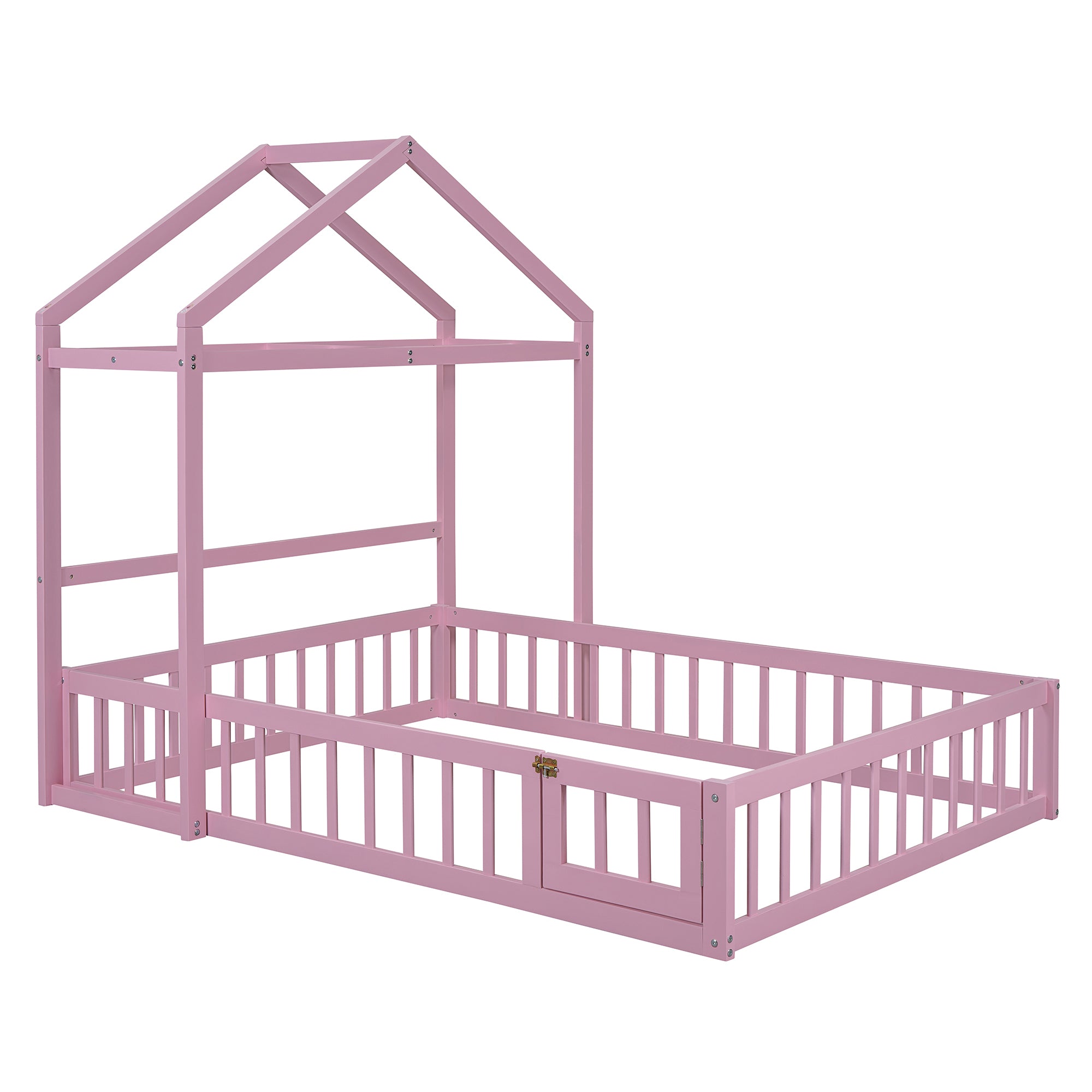 Wooden Floor Bed with Fence Railings and Detachable House Shape Headboard,Full Size Bed with Kids Dress Up Rack, Kids Montessori Style Playhouse Frame for Girls Boys, Pink