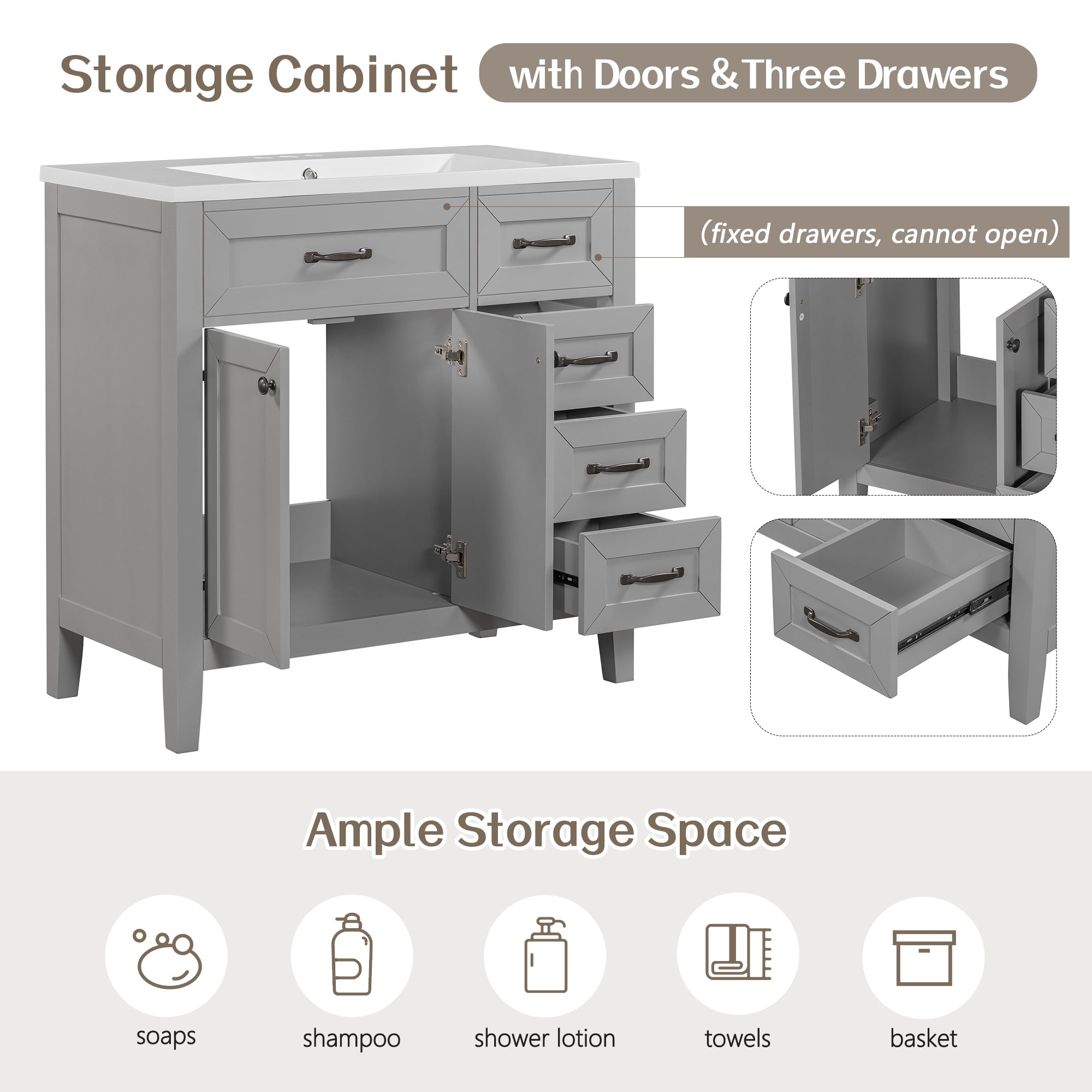 36" Bathroom Vanity without Sink, Cabinet Base Only, Bathroom Cabinet with Drawers, Solid Frame and MDF Board, Grey