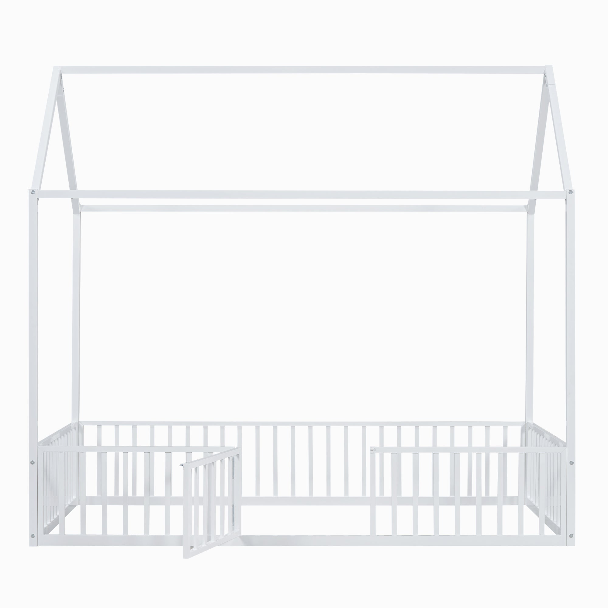 Twin Size Metal House Bed with Fence and Door, White