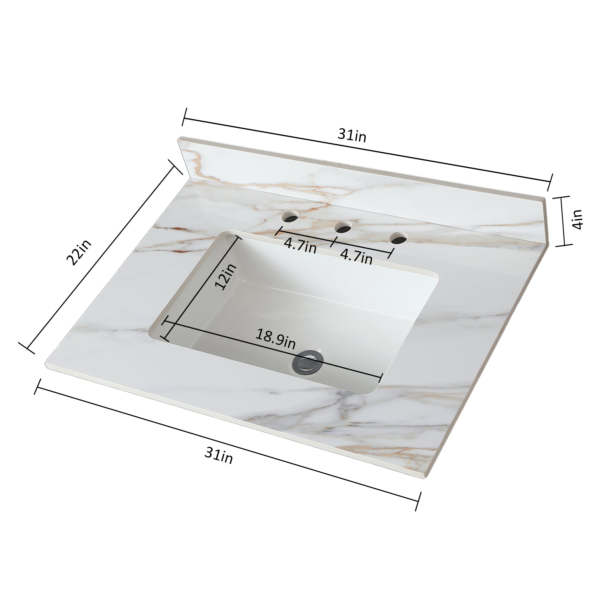 31 Inch Marble Vanity Top, Bathroom Vanity Top with Undermount Rectangular Middle Sink and 4" Height Backsplash, Pre-Drilled 8 Inch Faucet Hole Spread Vanity Top, Carrara white with veins