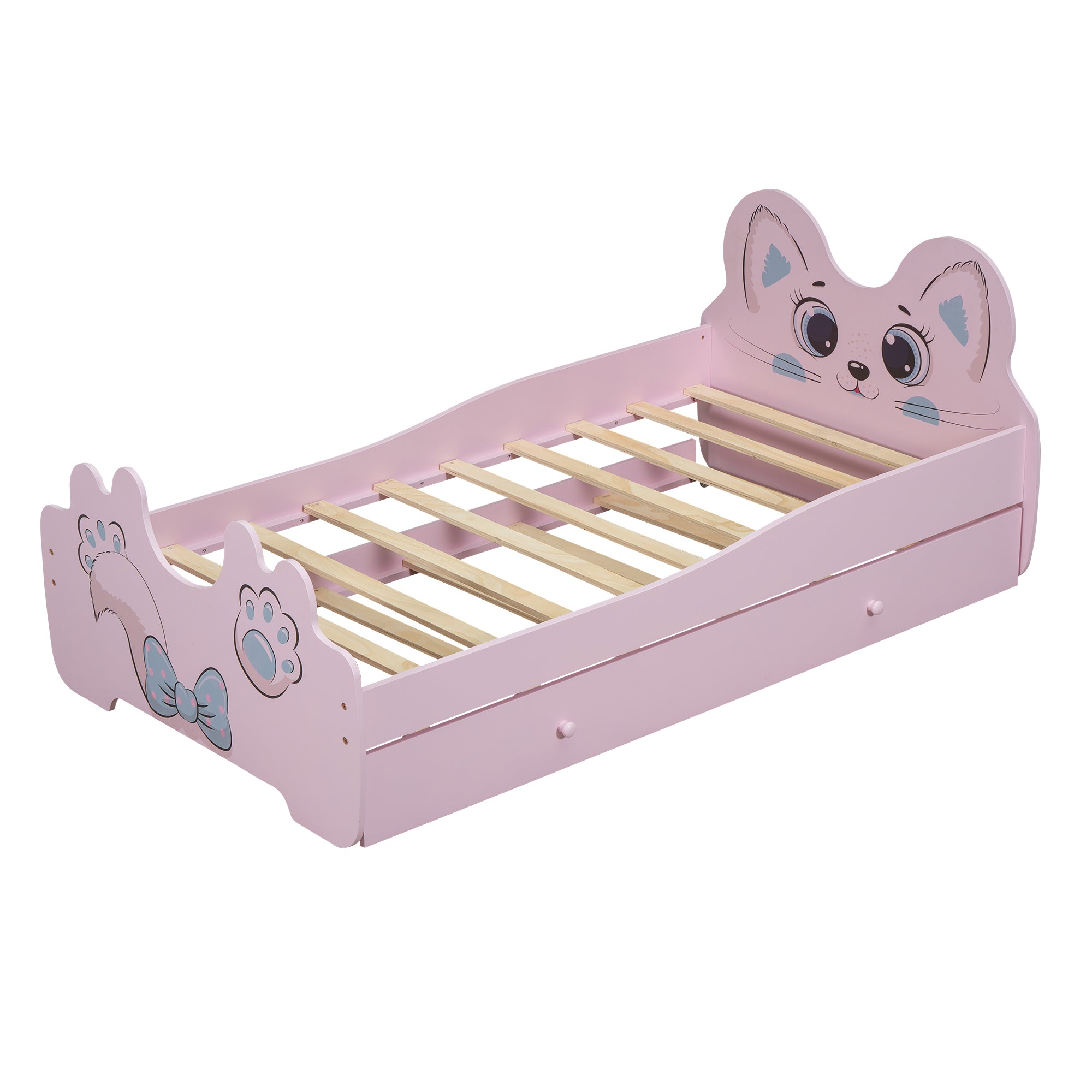 Cartoon Twin Size Platform Bed with Trundle, Pink