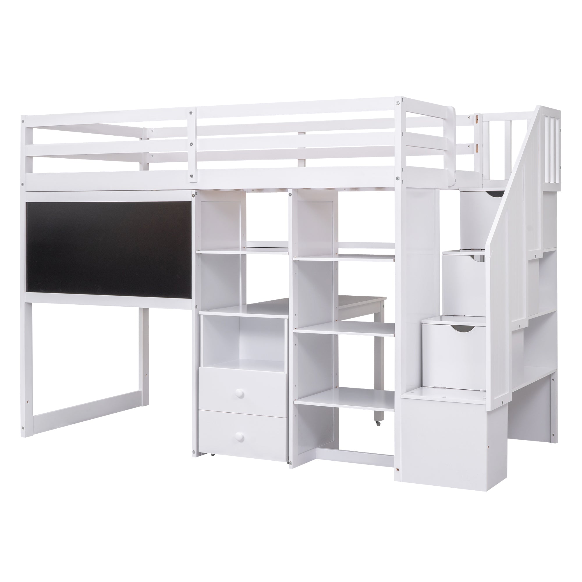 Twin Size Loft Bed with Pullable Desk and Storage Shelves,Staircase and Blackboard,White