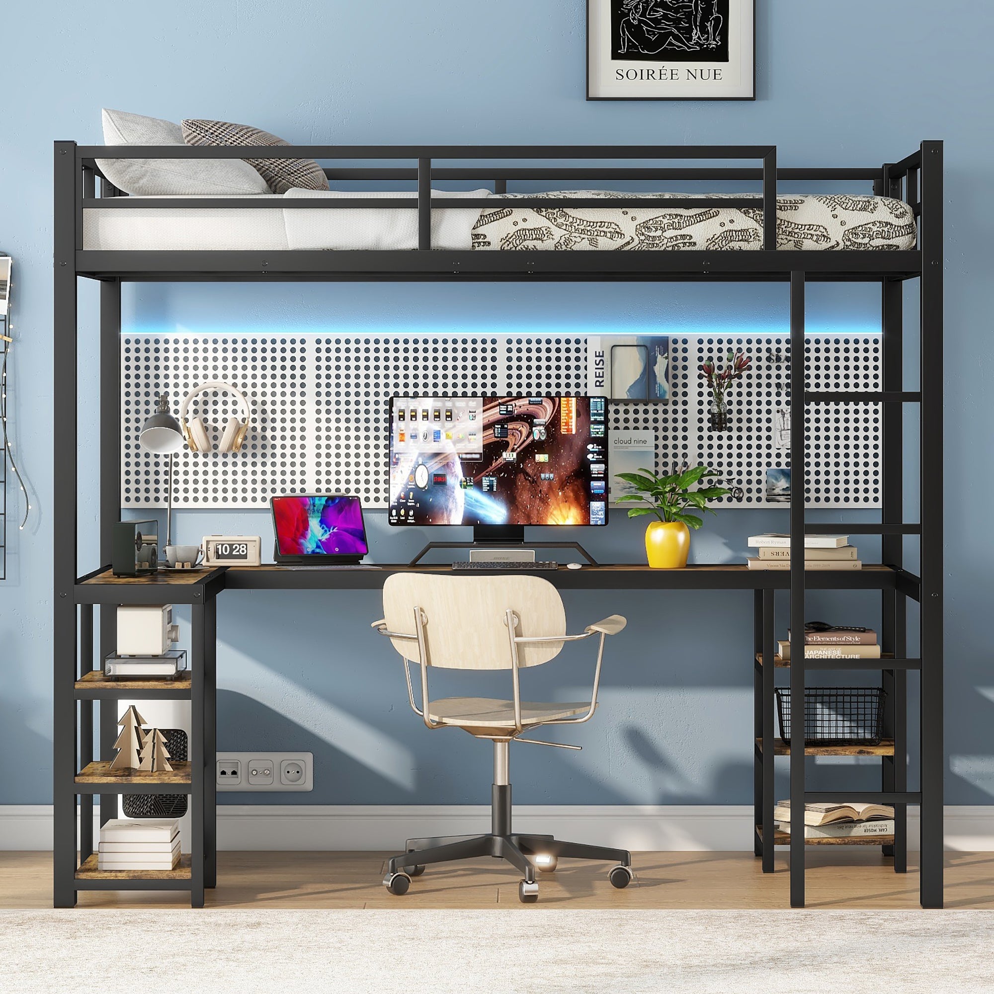 Twin XL Metal Loft Bed with Desk and Shelves, Loft Bed with Ladder and Guardrails, Loft Bed Frame for Bedroom, Black