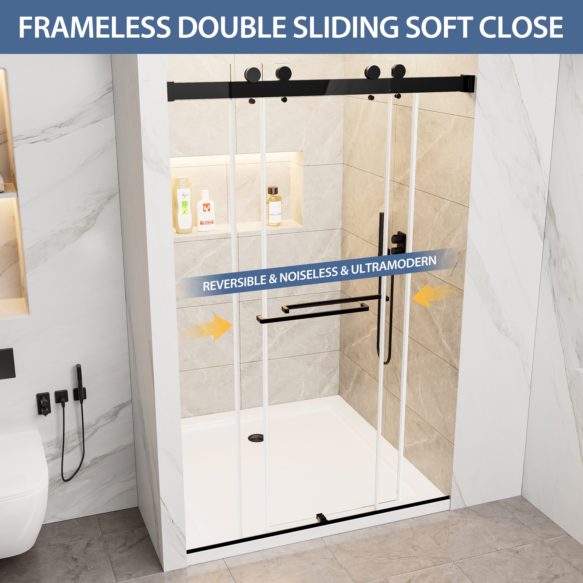 44-48 x 76 in Frameless Double Sliding Shower Door - Matte Black view 4