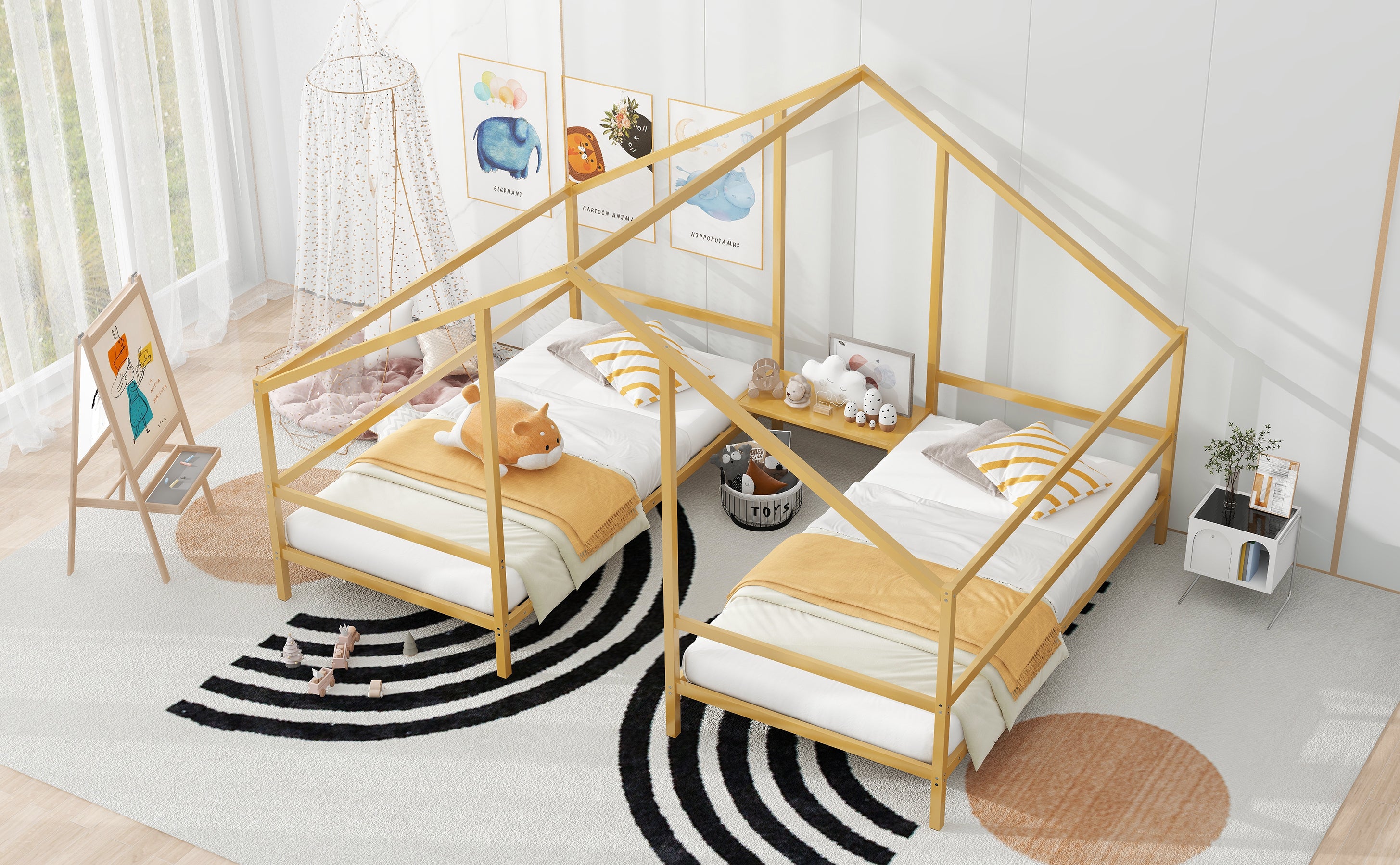 Metal Double Twin Size Triangular House Beds with Built-in Table, Gold