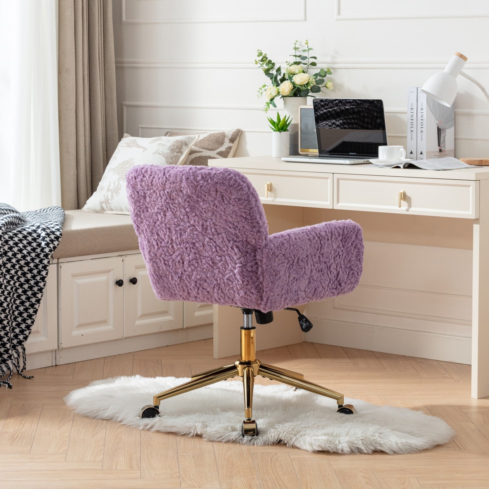 A&A Furniture Office Chair,Artificial rabbit hair Home Office Chair with Golden Metal Base,Adjustable Desk Chair Swivel Office Chair,Vanity Chair(Violet)