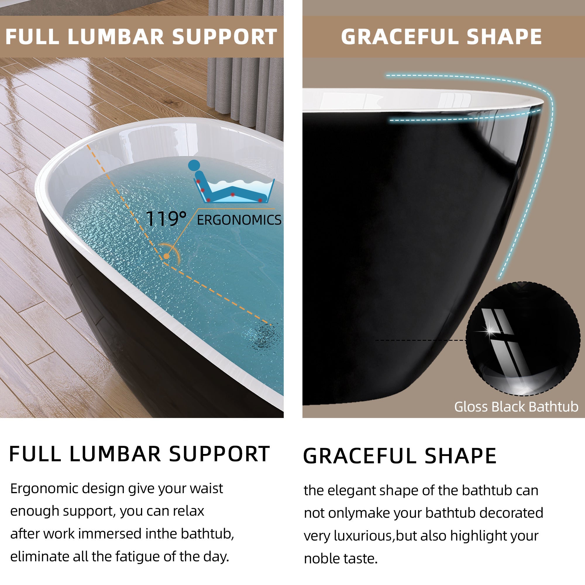 55" Acrylic Freestanding Bathtub Modern Stand Alone Soaking Bathtub with Overflow and Pop-up Drain Gloss Black