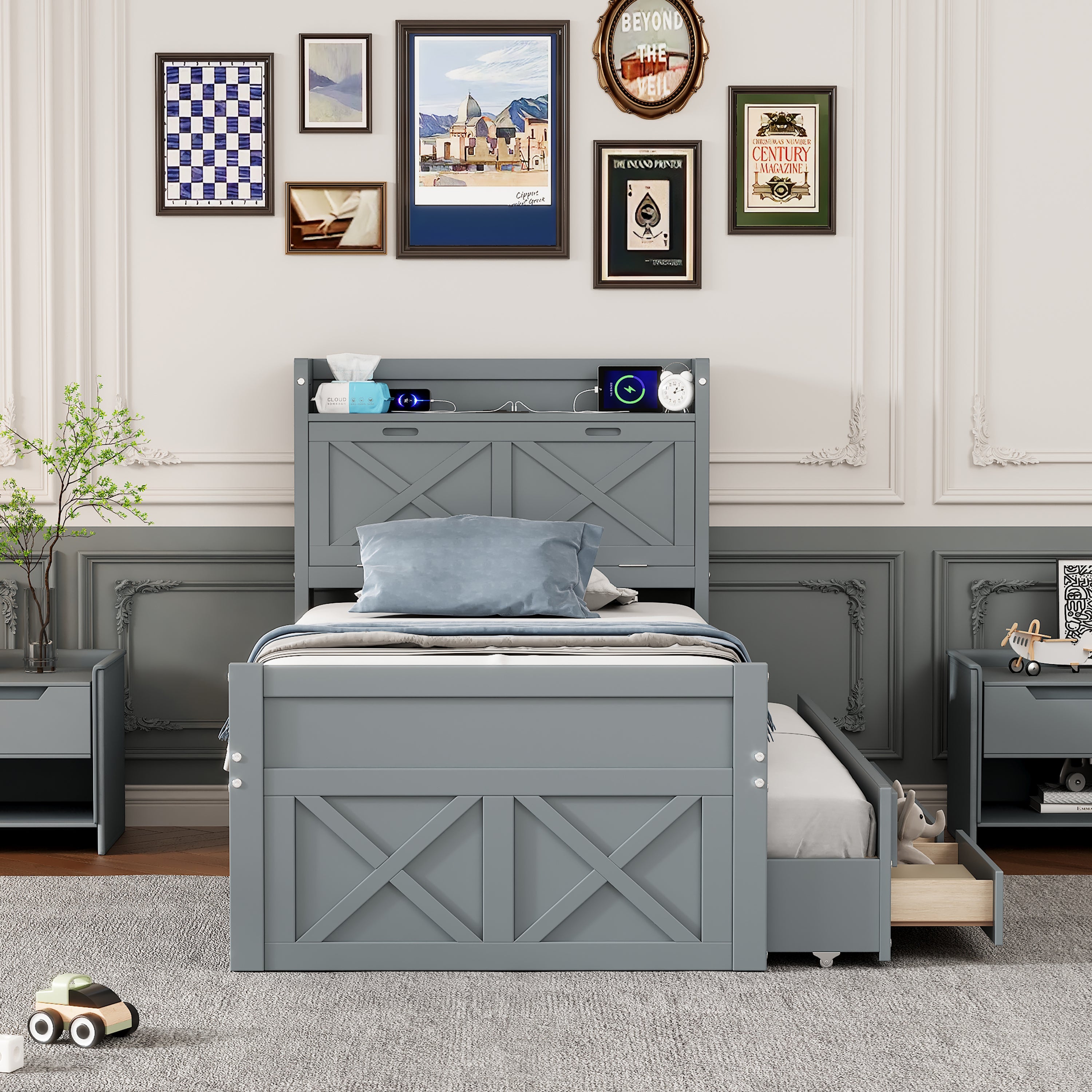 Twin Size Wooden Bed with Storage Headboard with Outlets, Extendable Bed with Twin Size Trundle with Three Storage Drawers,Gray