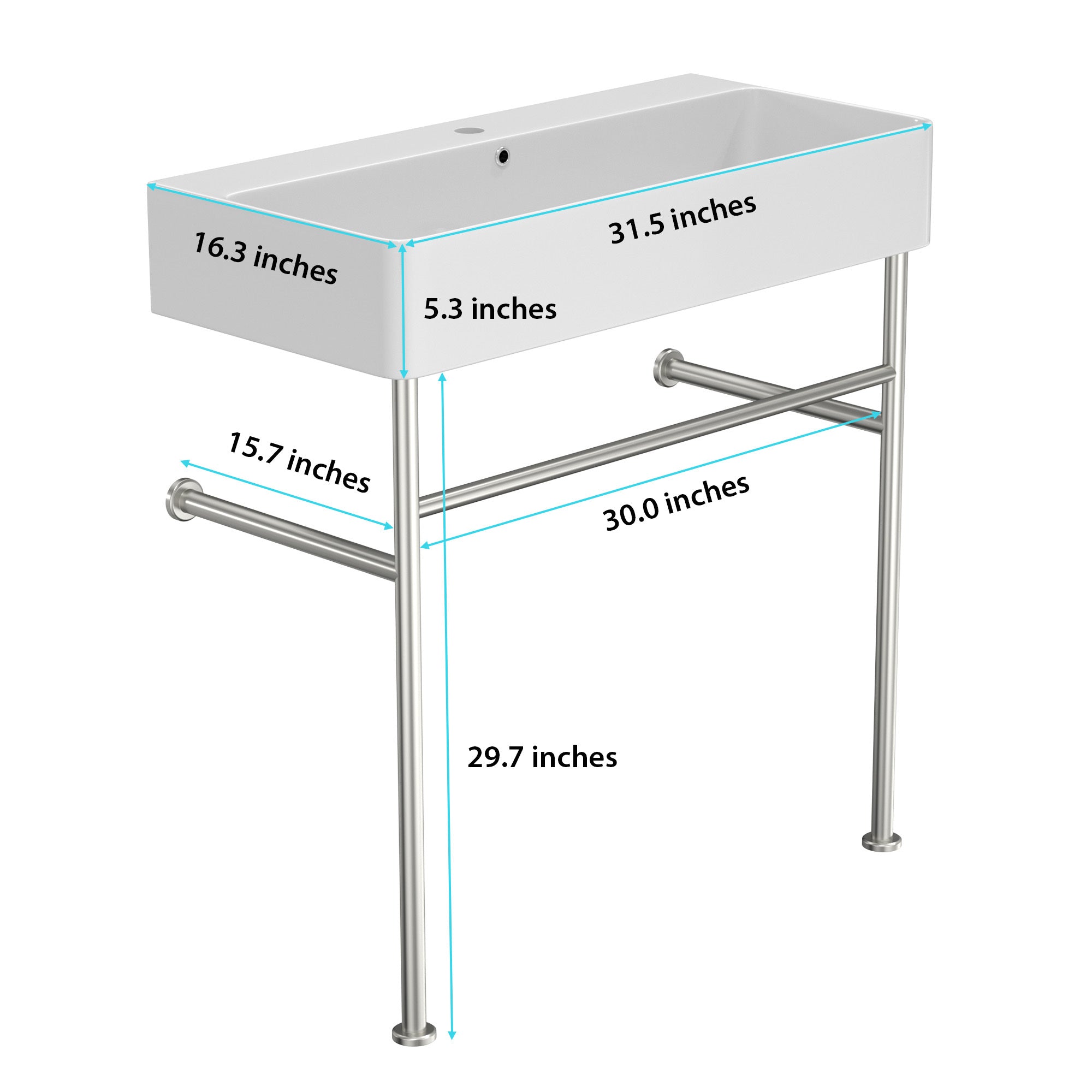 32" Bathroom Console Sink with Overflow,Ceramic Console Sink White Basin Polished Nicke Legs