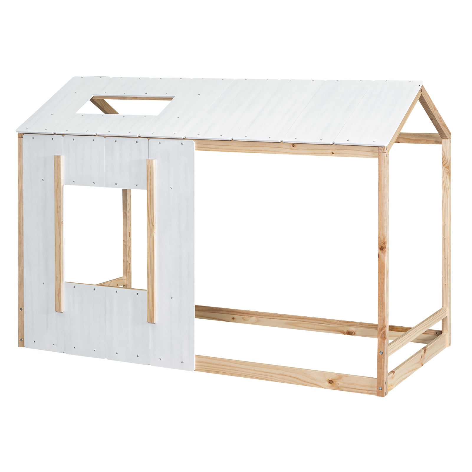 Twin Size House Platform with Roof and Window , White+Natural