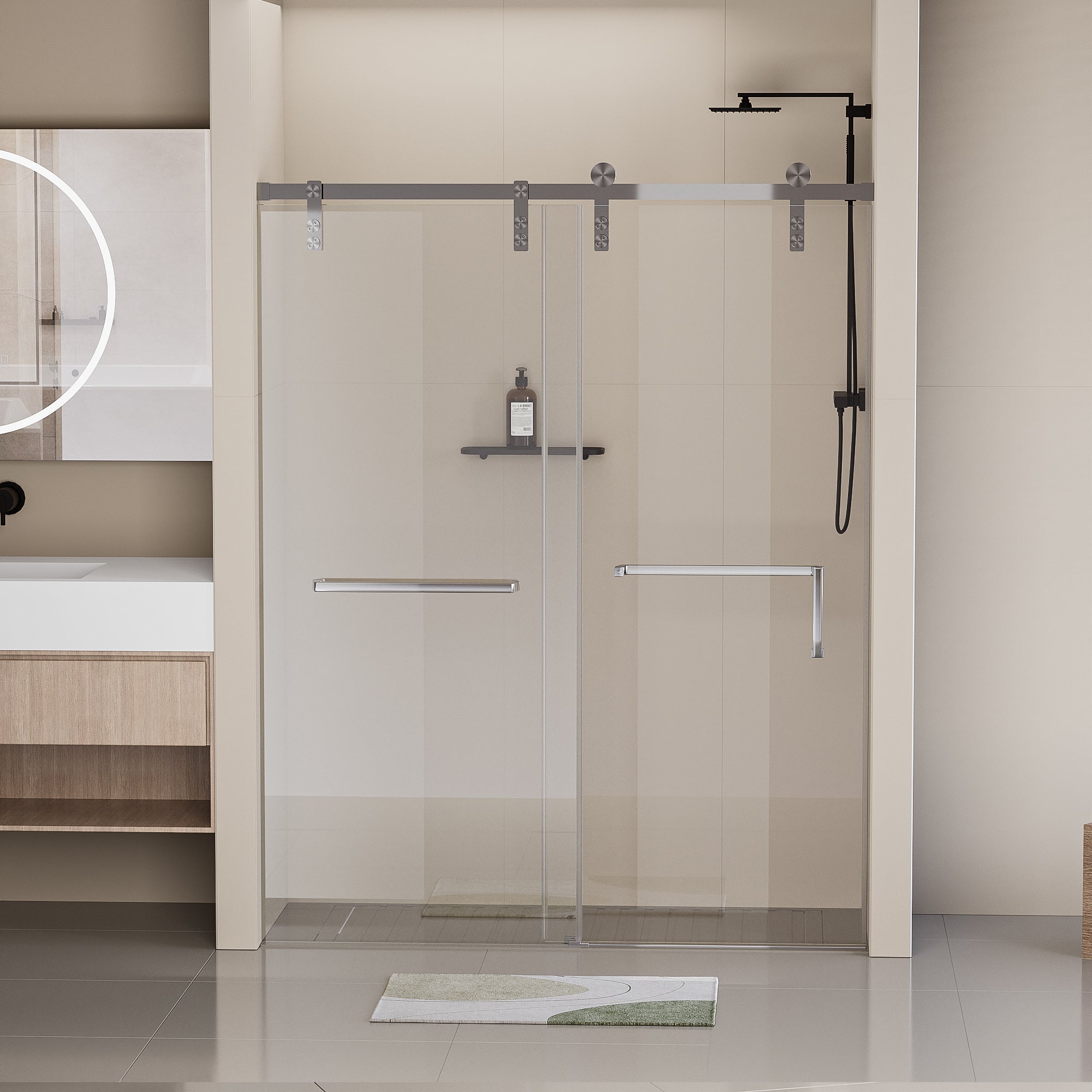 60 in. W x 76 in. H Frameless Soft-closing Shower Door, Single Sliding Shower Door, 5/16" (8mm) Clear Tempered Glass Shower Door with Explosion-Proof Film, Brushed Nickel 24D211-60BN-COMBO
