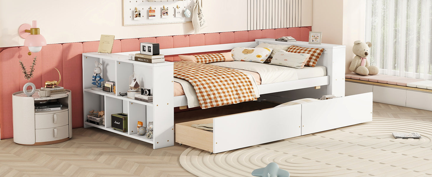 Twin Size Daybed with Shelves and Drawers, White