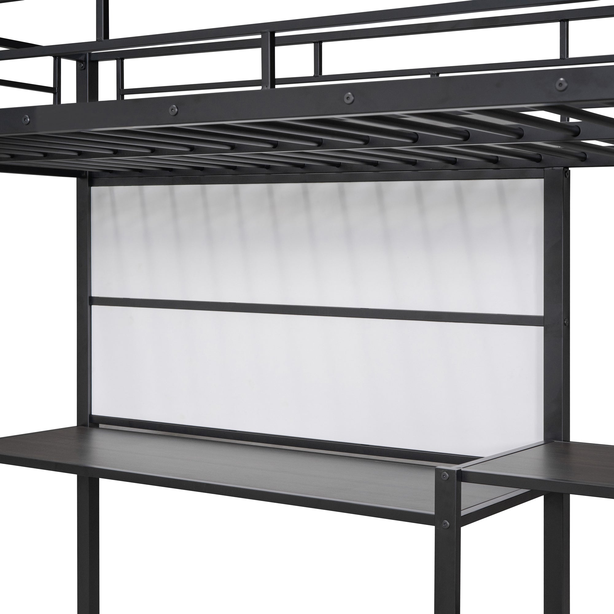 Twin Size Loft Bed with Desk and Whiteboard, Metal Loft Bed with 3 Shelves and Ladder, Black