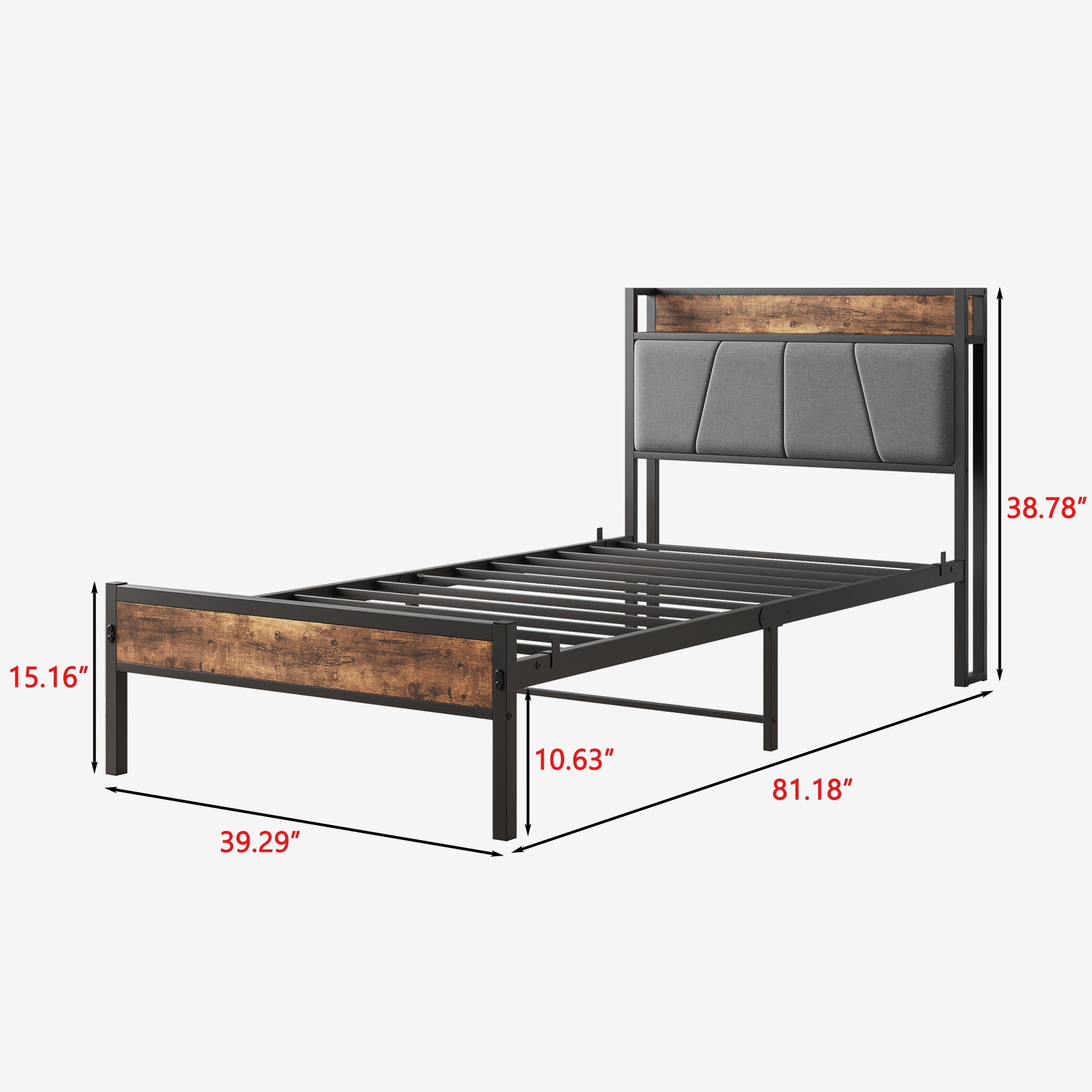 Twin Size Bed Frame, Storage Headboard with Charging Station, Solid and Stable, Noise Free, No Box Spring Needed, Easy Assembly