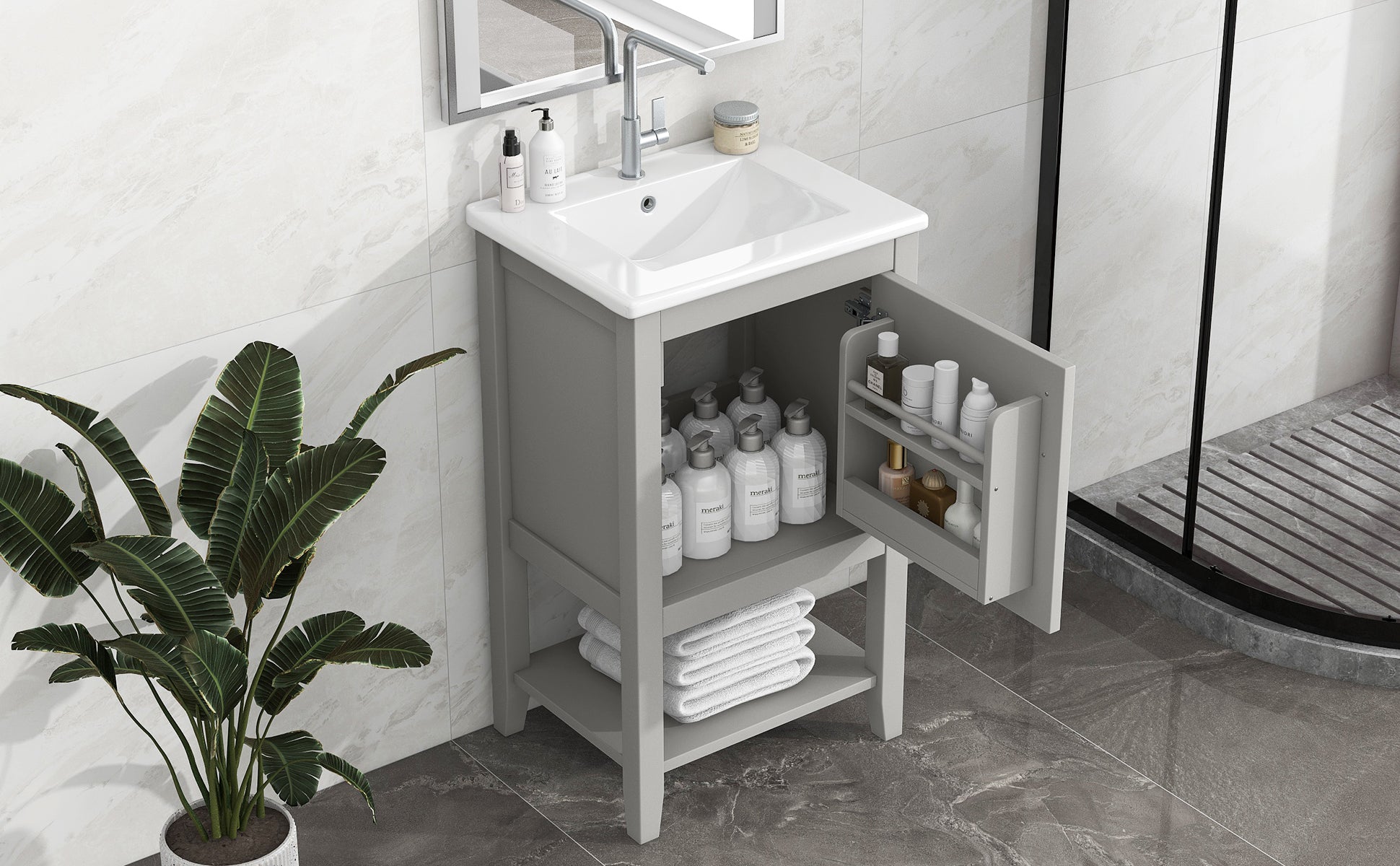 20" Bathroom Vanity with Sink, Bathroom Cabinet with Soft Closing Door, Storage Rack and Open Shelf, Grey