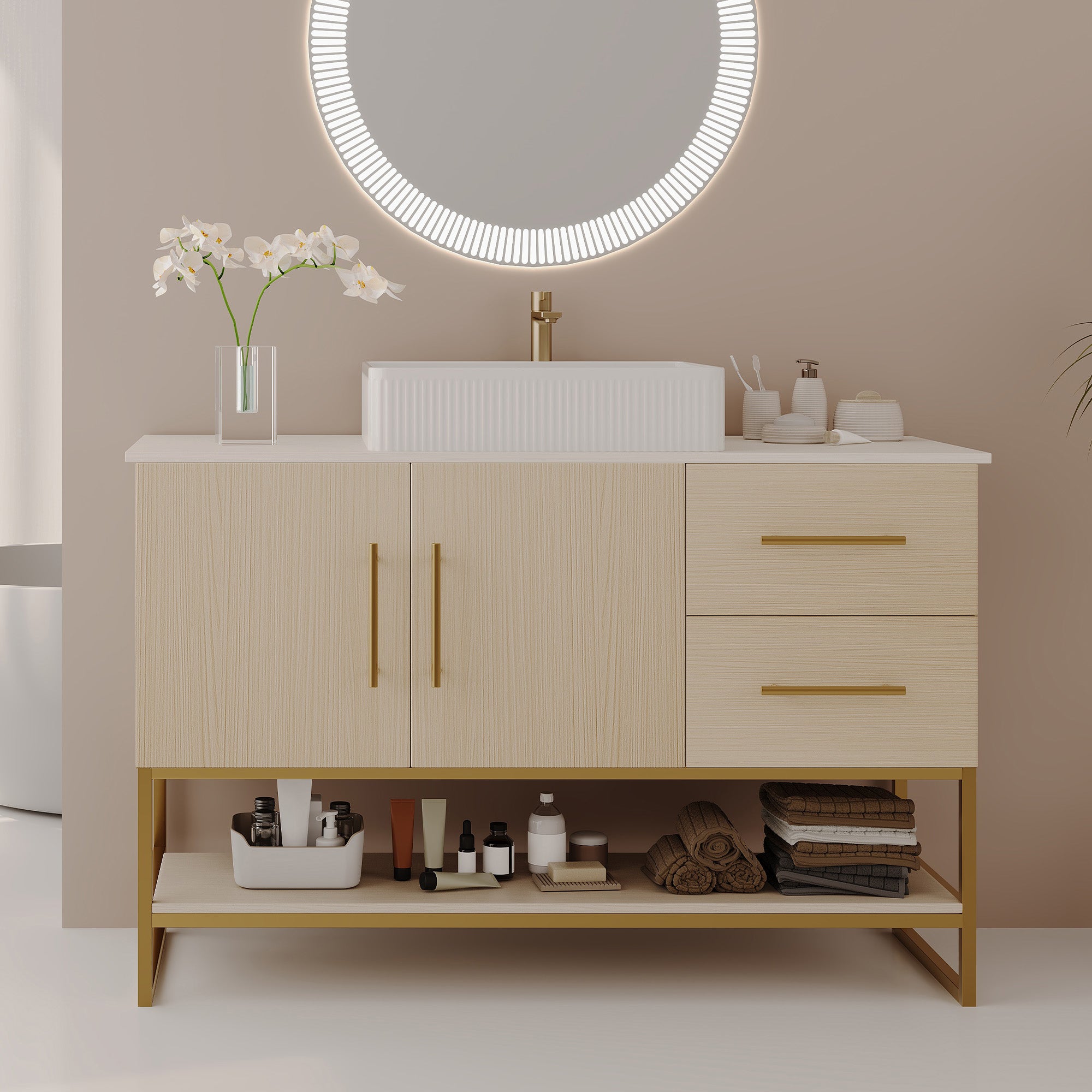 Freestanding gold-accent bathroom vanity with ceramic vessel sink, angled view
