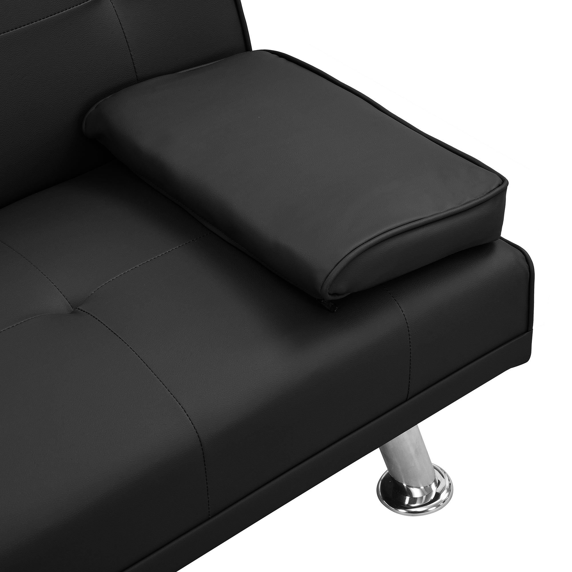 Sofa Bed with Armrest two holders WOOD FRAME, STAINLESS LEG, FUTON BLACK PVC