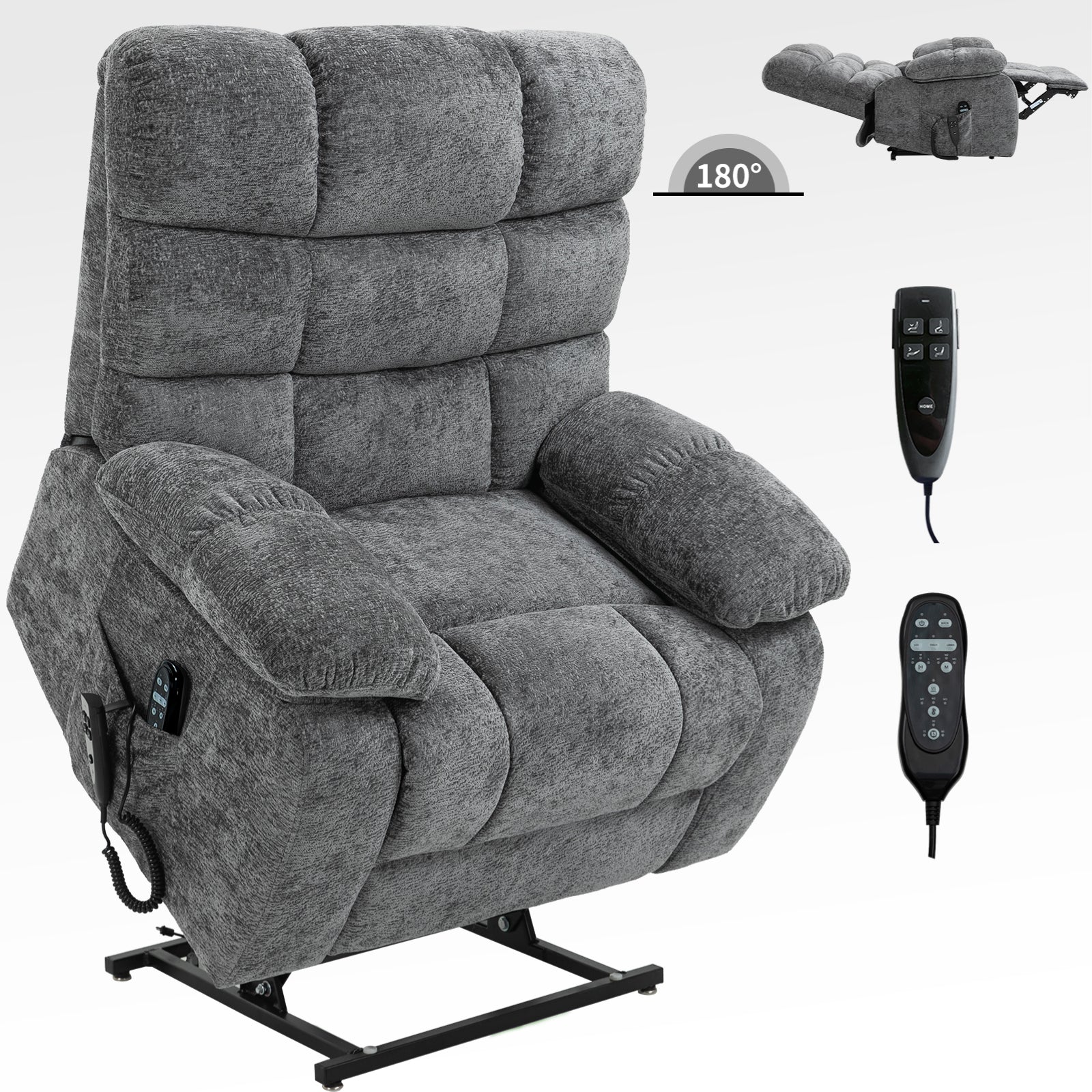 Lift Recliner Chair Heat Massage Dual Motor Infinite Position Up to 350 LBS Large Electric Power Lift Recliners with Power-Remote, Medium-firm and Heavy duty, Grey