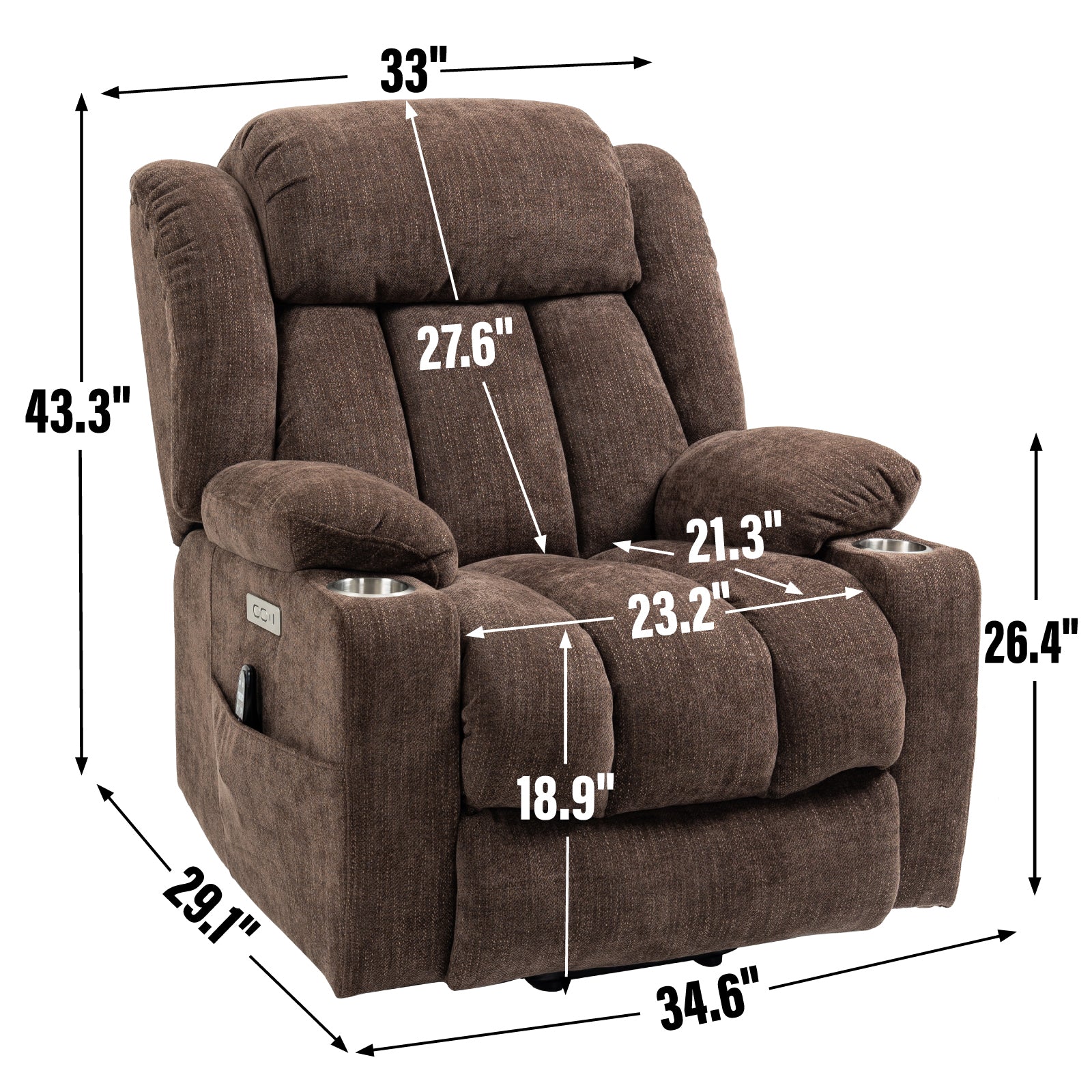 Up to 350 LBS Chenille Power Lift Recliner Chair, Heavy Duty Motion Mechanism with 8-Point Vibration Massage and Lumbar Heating, USB and Type-C Ports, Stainless Steel Cup Holders, Brown