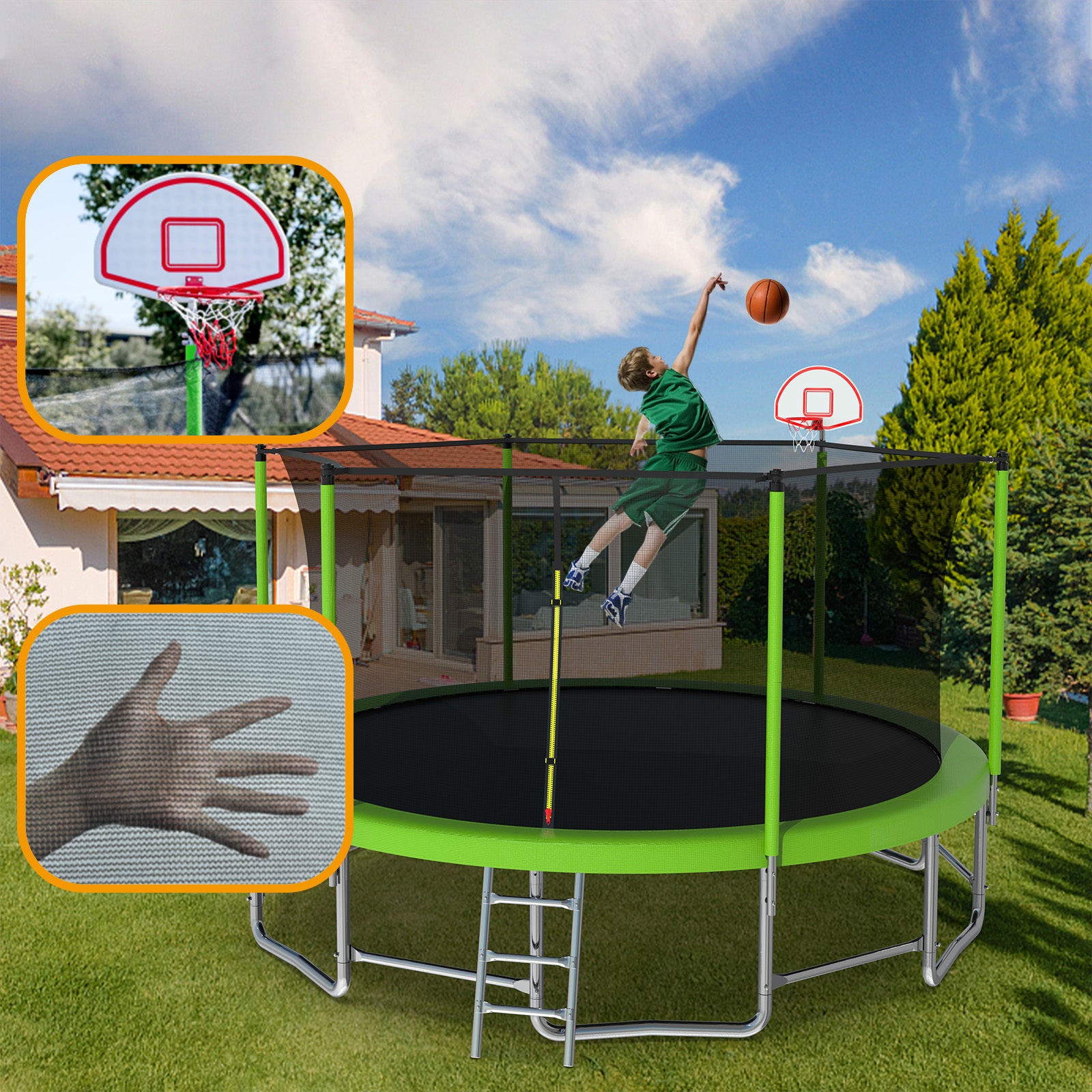 16FT Trampoline with Balance Bar & Basketball Hoop&Ball, ASTM Approved Reinforced Type Outdoor Trampoline with Enclosure Net